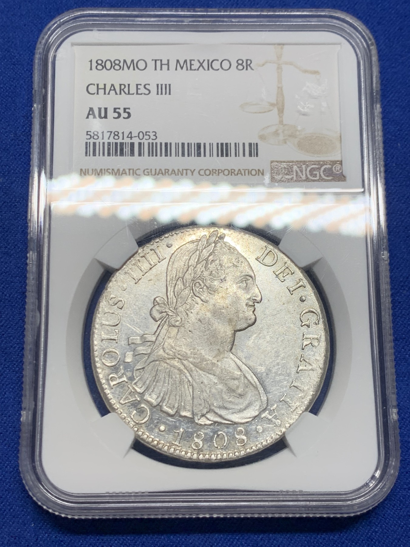 《竞宝斋》第244场-周日，周一 新年开场 (全场包邮) NGC AU55 西属墨西哥1808年卡四双柱银币 全深打原光 镜面底板 低评状态