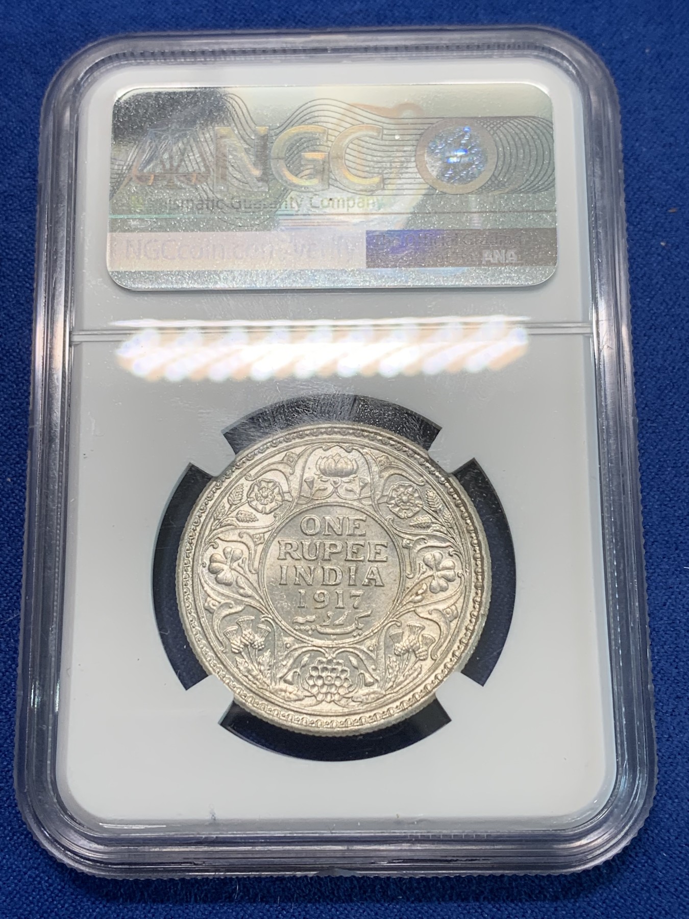 《竞宝斋》第244场-周日，周一 新年开场 (全场包邮) NGC MS61 英属印度 1917年 C版 乔五 1卢比银币