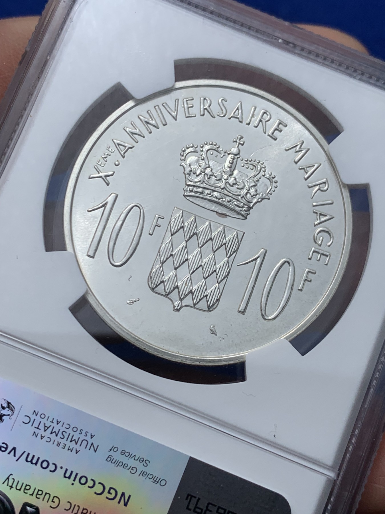 《竞宝斋》第244场-周日，周一 新年开场 (全场包邮) NGC PF64 摩纳哥1966年发行量1000枚格蕾丝公主10法郎纪念精制银样币