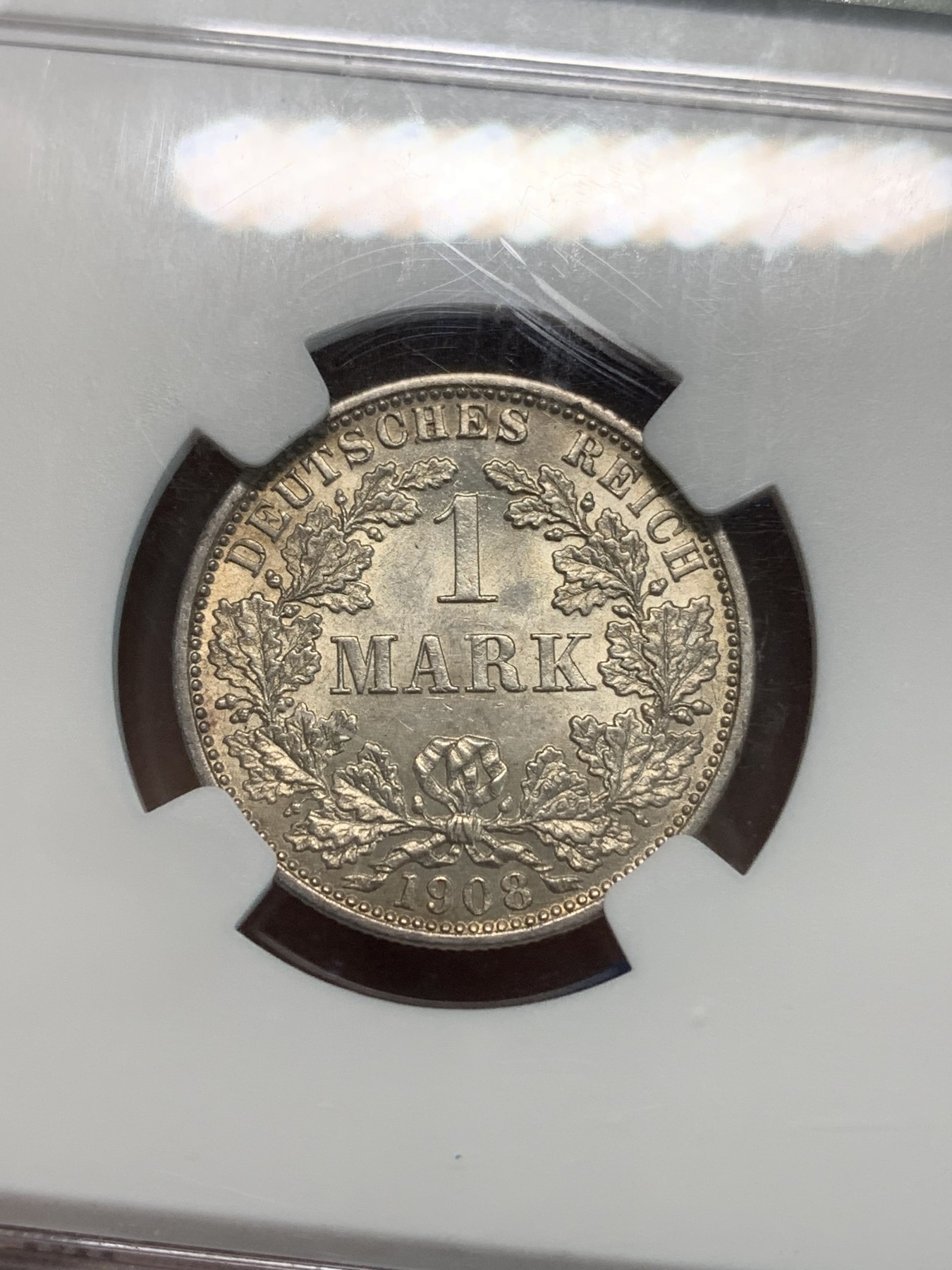 《竞宝斋》第244场-周日，周一 新年开场 (全场包邮) NGC MS62 德国1908年F版稀少厂别1马克银币，1910年前的好品稀少，克书价格高