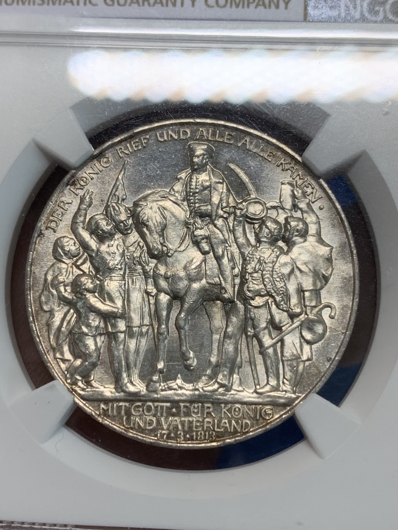 《竞宝斋》第244场-周日，周一 新年开场 (全场包邮) NGC MS62 德国普鲁士1913年战胜拿破仑纪念3马克银币 黄油包浆 值得入手