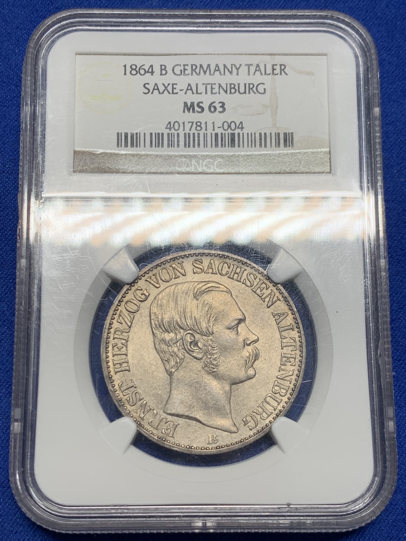 《竞宝斋》第244场-周日，周一 新年开场 (全场包邮) 唯一亚军分 NGC MS63 德国1864萨克森-阿尔滕堡公国恩斯特一世1泰勒银币 发行量仅22200枚 对于流通币来说保存难得
