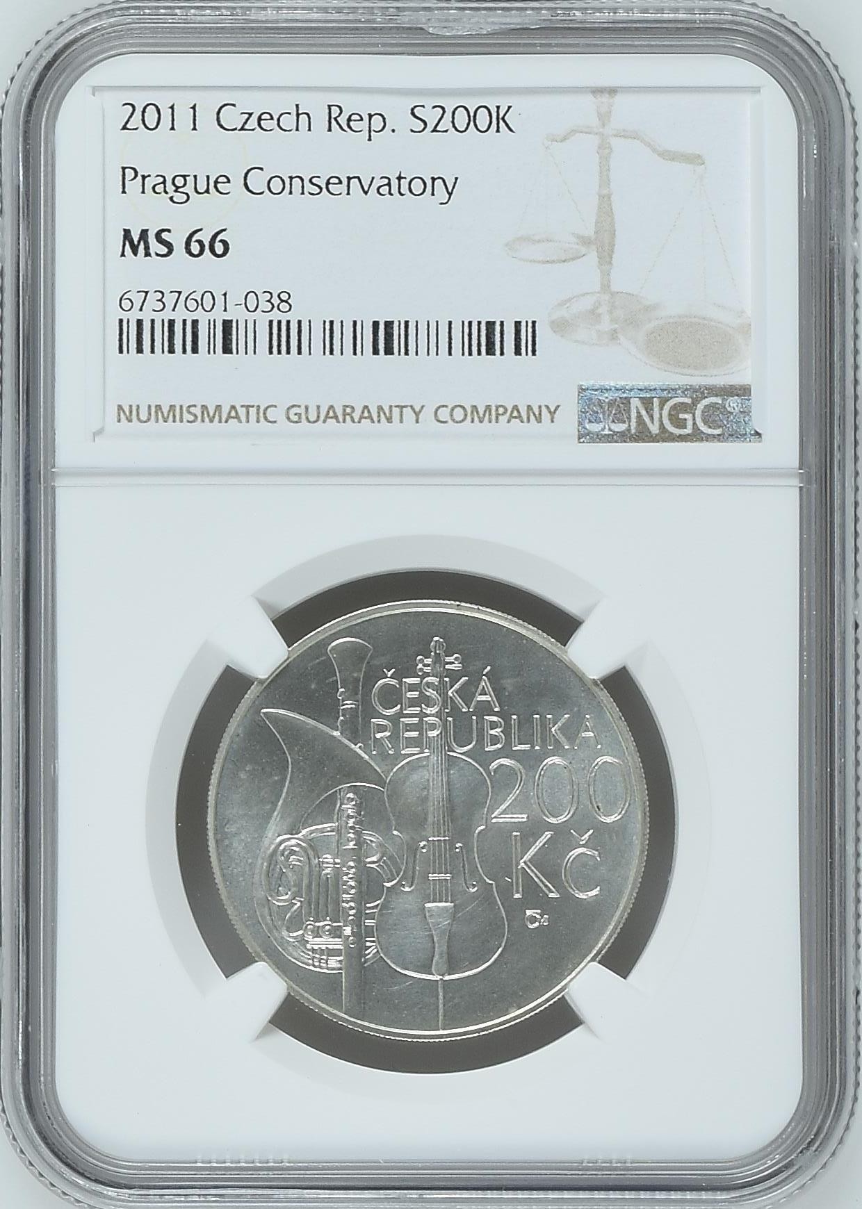 长老汇龙年精选第二场 2011 捷克布拉格音乐学院200克朗银币，NGC MS66，唯一冠军分