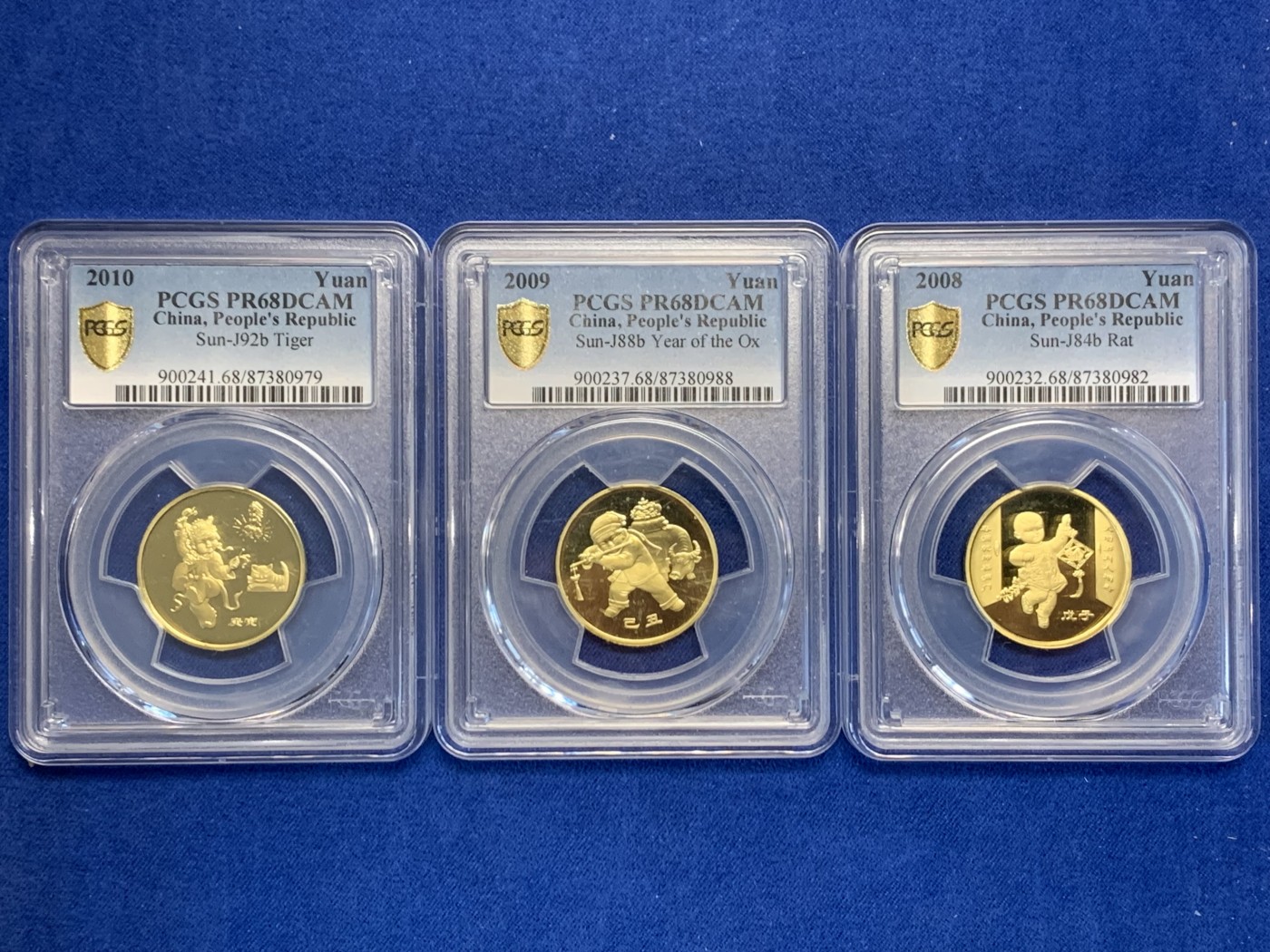 《竞宝斋》第244场-周日，周一 新年开场 (全场包邮) 3枚一组 PCGS PR68DC 中国2008年+2009年+2010年生肖鼠、牛、虎一元精制纪念币