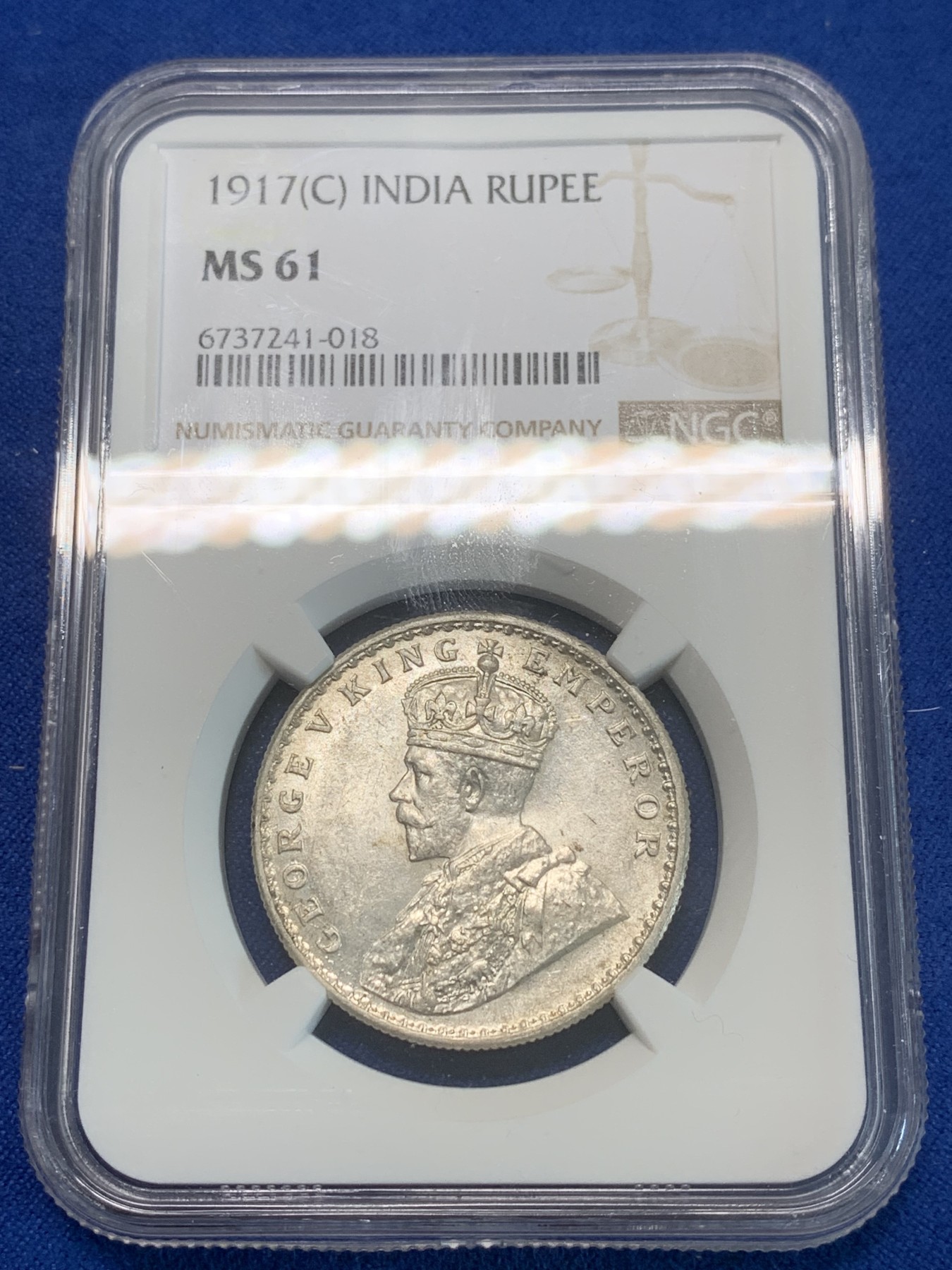 《竞宝斋》第244场-周日，周一 新年开场 (全场包邮) NGC MS61 英属印度 1917年 C版 乔五 1卢比银币