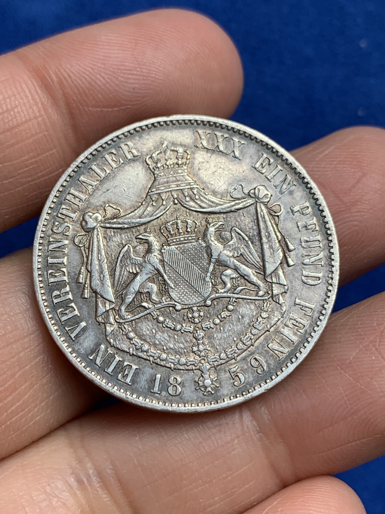 《竞宝斋》第244场-周日，周一 新年开场 (全场包邮) 德国 1859年 巴登1泰勒银币，原味欧陆包浆，好品难觅