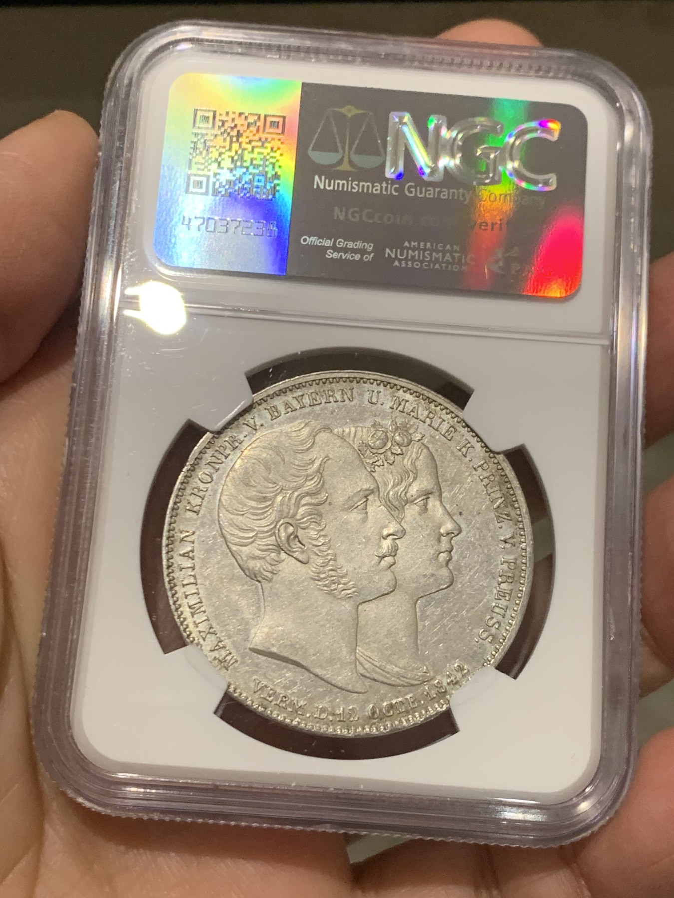 《竞宝斋》第244场-周日，周一 新年开场 (全场包邮) NGC MS62 德国 1842 巴伐利亚皇家婚礼纪念 2泰勒大银币 少见MS 品相 可藏