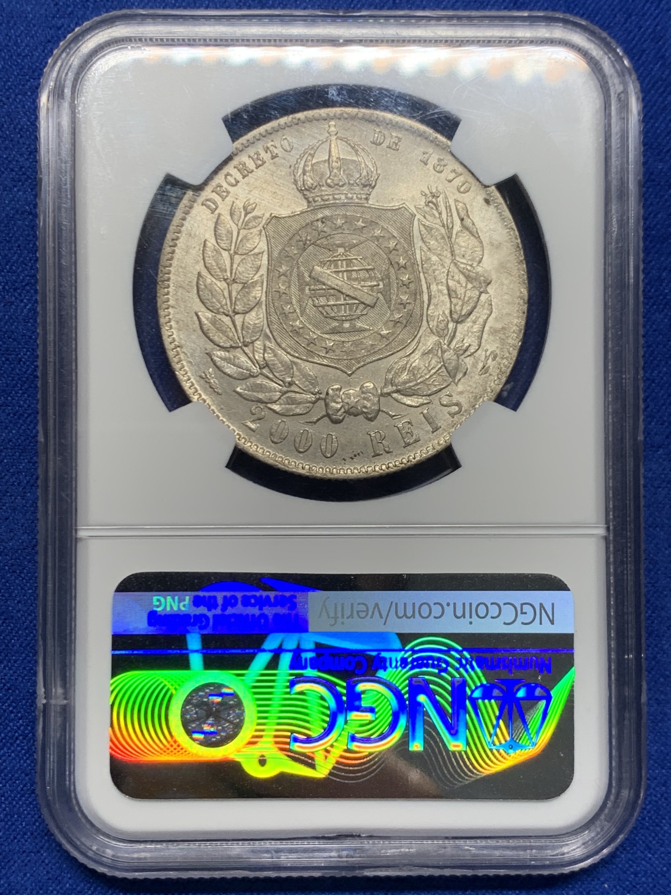《竞宝斋》第244场-周日，周一 新年开场 (全场包邮) NGC AU58 巴西帝国1889年佩德罗二世2000瑞斯银币，原味老包浆，底板带光，值得收藏。