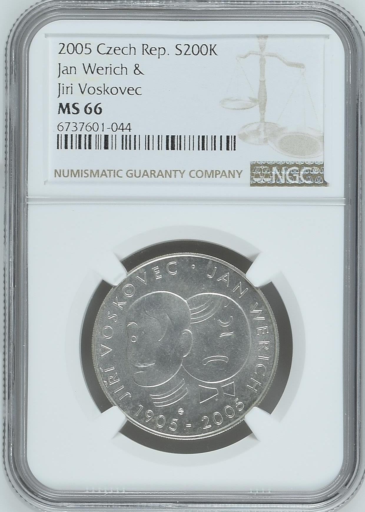 长老汇龙年精选第二场 2005 捷克睿智的小丑组合百周年200克朗银币，NGC MS66，唯一冠军分