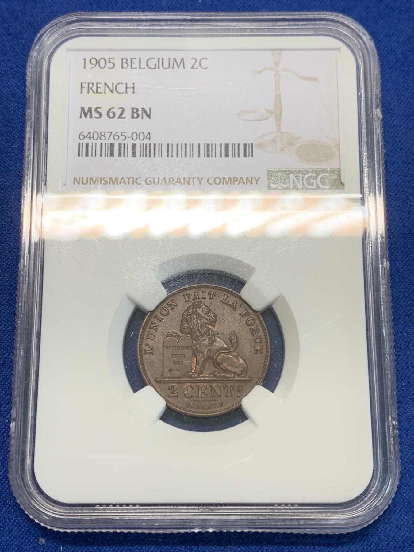 《竞宝斋》第244场-周日，周一 新年开场 (全场包邮) NGC MS62BN 1905年比利时2分铜币 少见法语版更高分只有3个 狮子细节完好