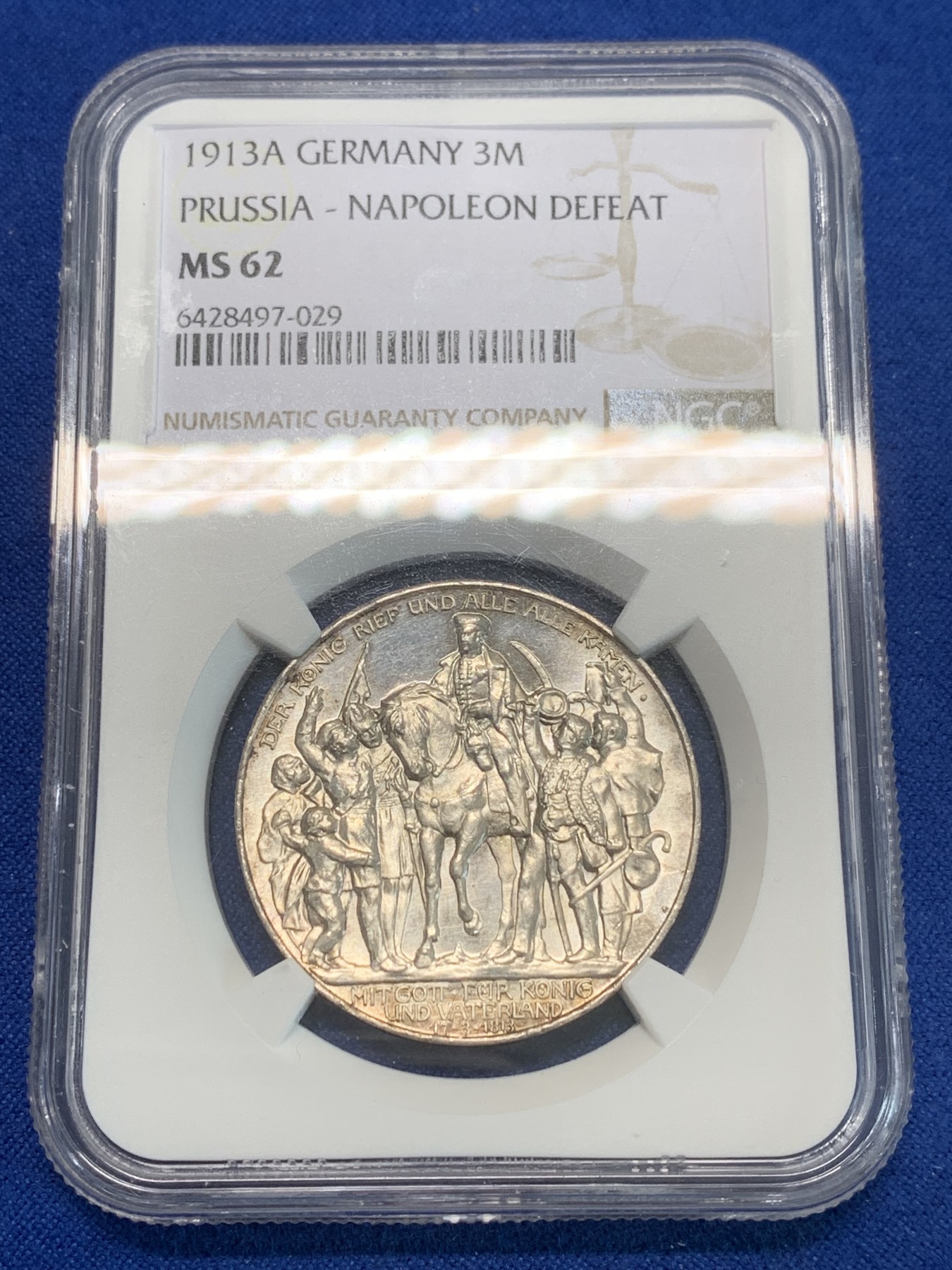 《竞宝斋》第244场-周日，周一 新年开场 (全场包邮) NGC MS62 德国普鲁士1913年战胜拿破仑纪念3马克银币 黄油包浆 值得入手