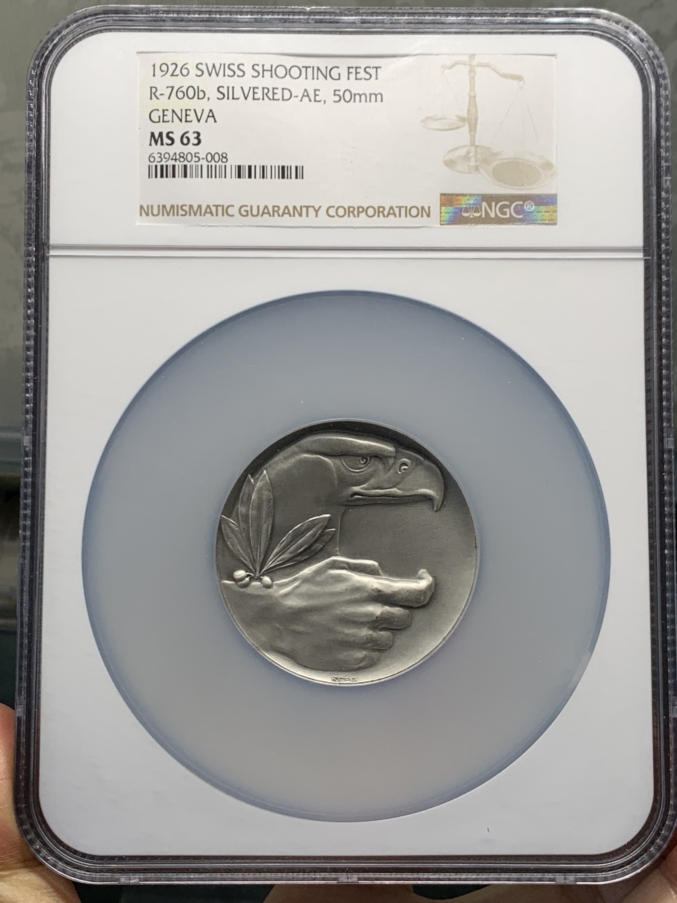 《竞宝斋》第244场-周日，周一 新年开场 (全场包邮) NGC MS63 1926年 瑞士射击节 镀银纪念章 雄鹰橄榄枝 不多见 50mm大直径 加厚盒装