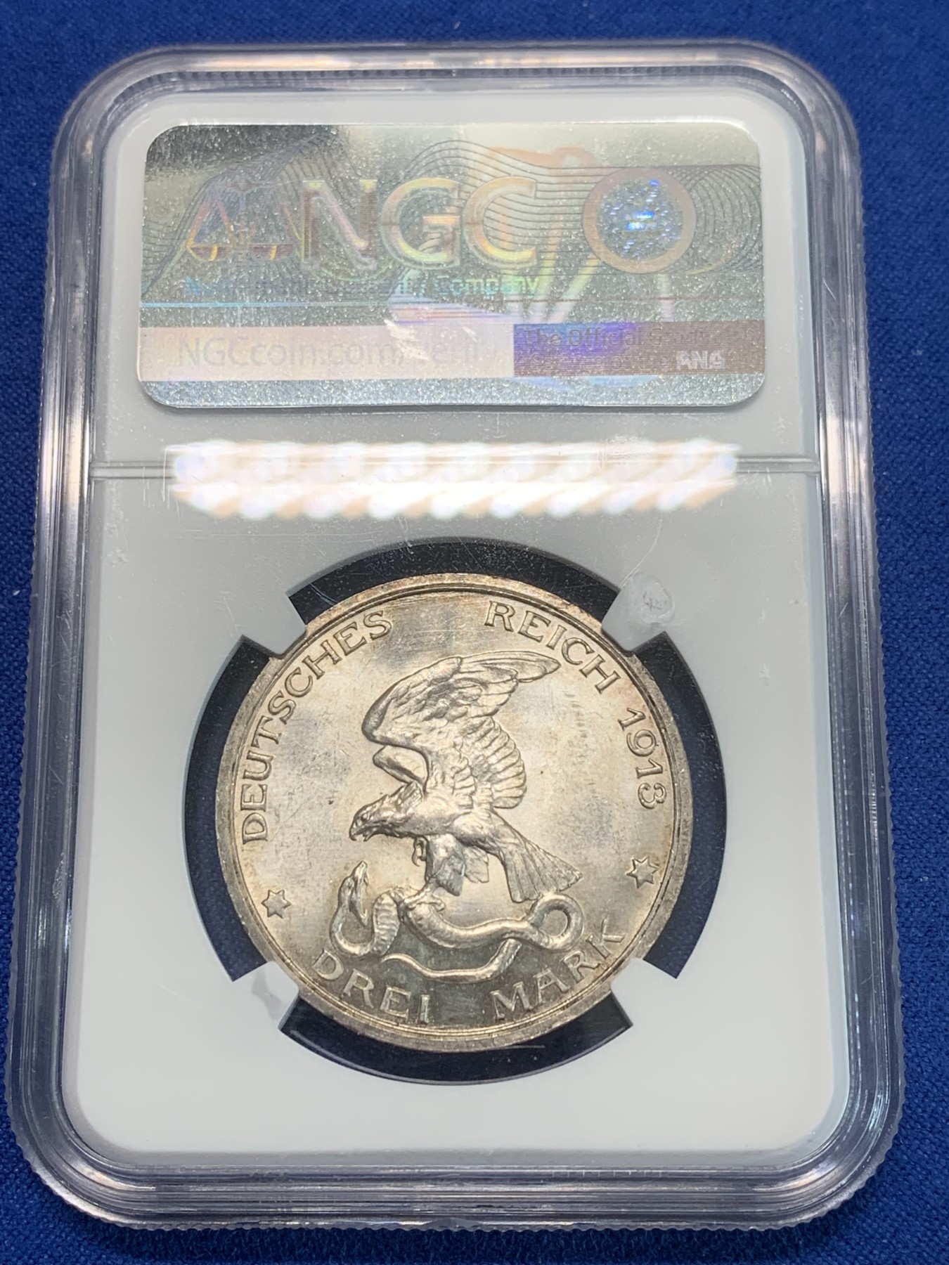 《竞宝斋》第244场-周日，周一 新年开场 (全场包邮) NGC MS62 德国普鲁士1913年战胜拿破仑纪念3马克银币 黄油包浆 值得入手