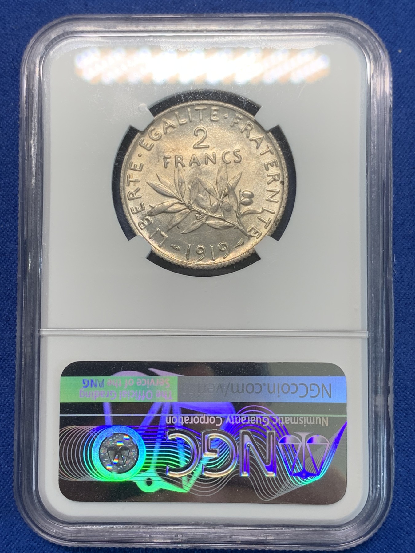 《竞宝斋》第244场-周日，周一 新年开场 (全场包邮) NGC MS62 法国1919年播种女神2法郎银币