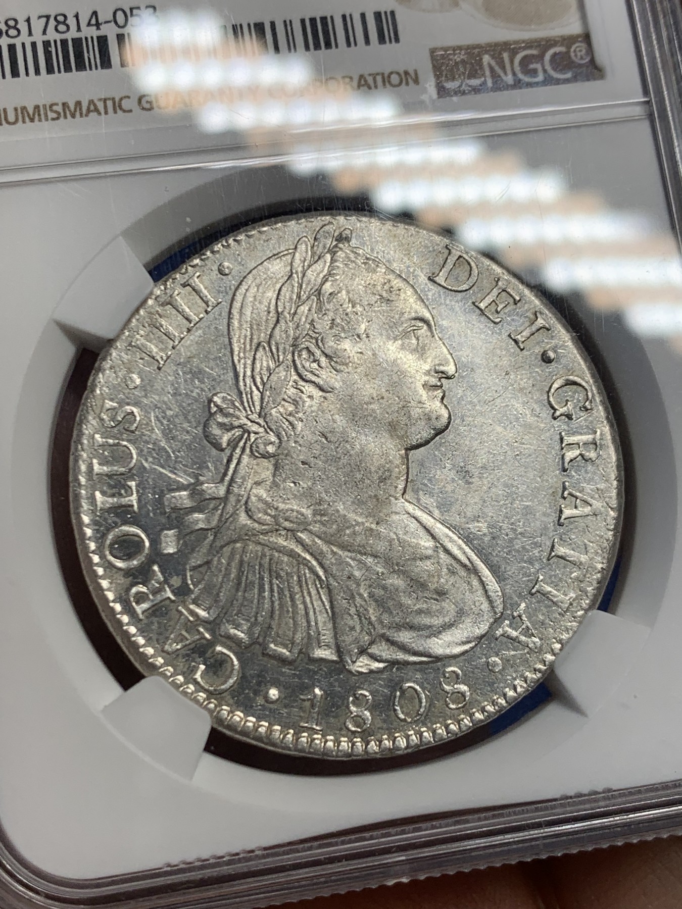 《竞宝斋》第244场-周日，周一 新年开场 (全场包邮) NGC AU55 西属墨西哥1808年卡四双柱银币 全深打原光 镜面底板 低评状态