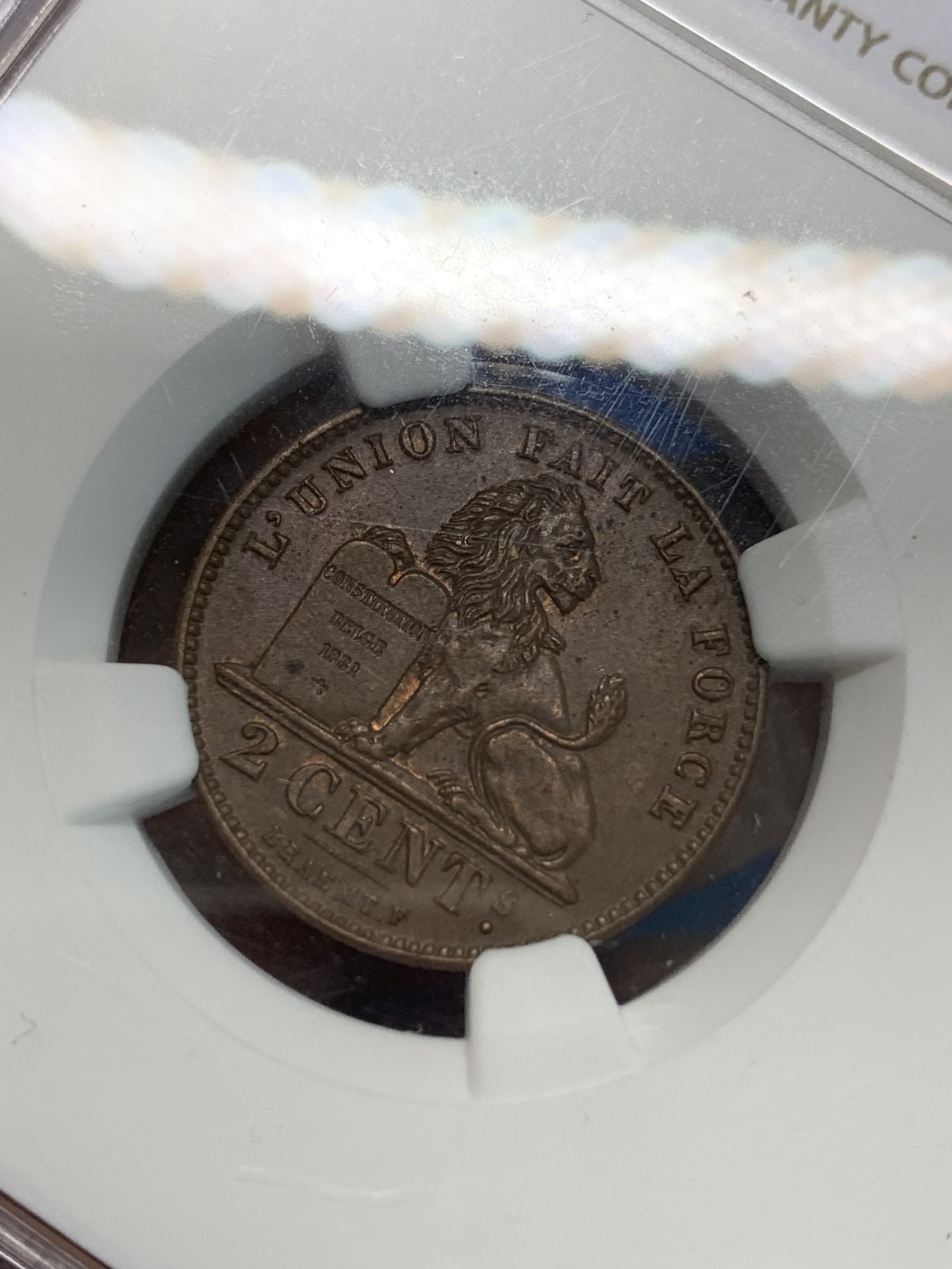 《竞宝斋》第244场-周日，周一 新年开场 (全场包邮) NGC MS62BN 1905年比利时2分铜币 少见法语版更高分只有3个 狮子细节完好