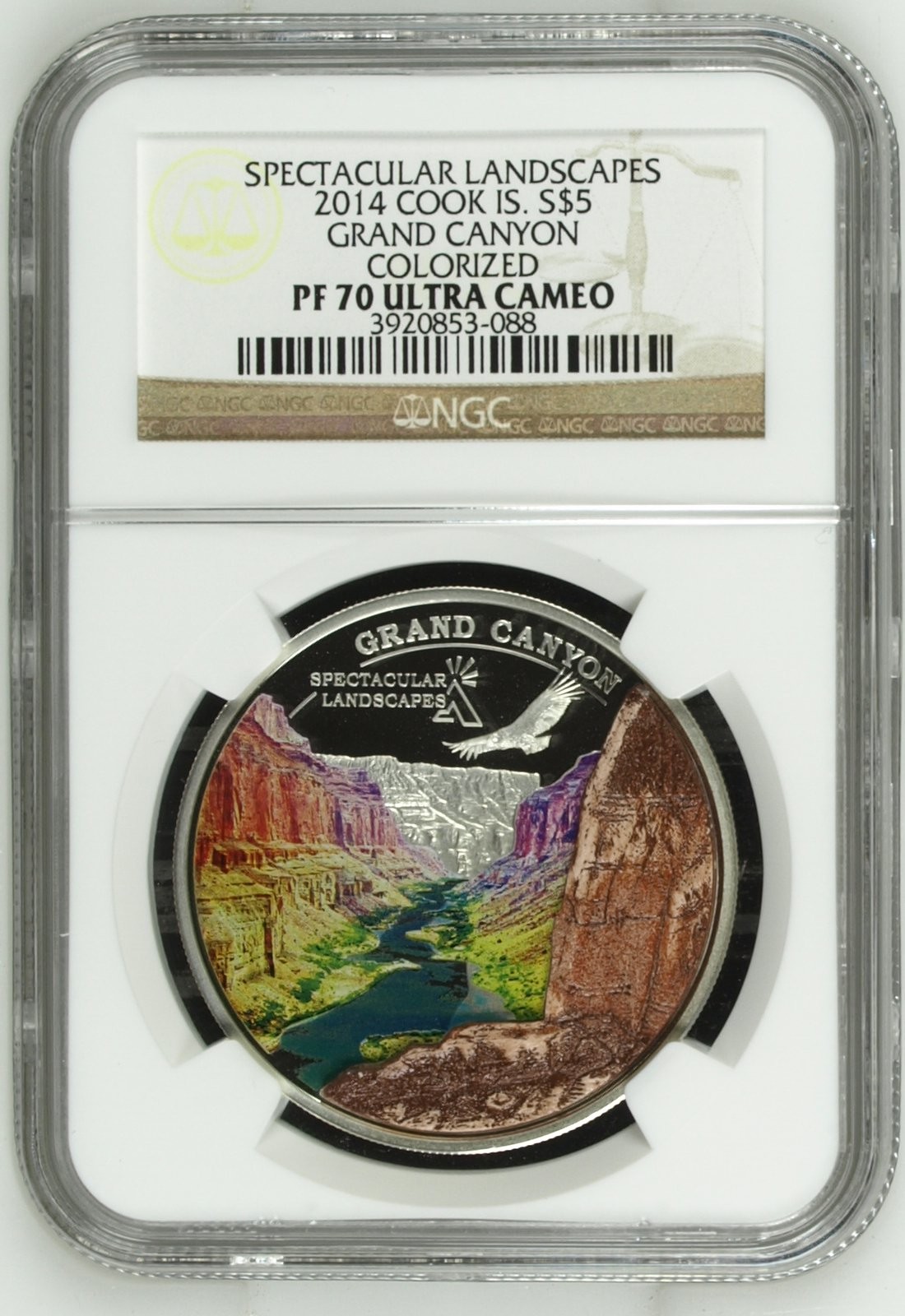 长老汇龙年精选第二场 2014 库克大峡谷彩色立体景观5元精制银币，NGC PF70UC