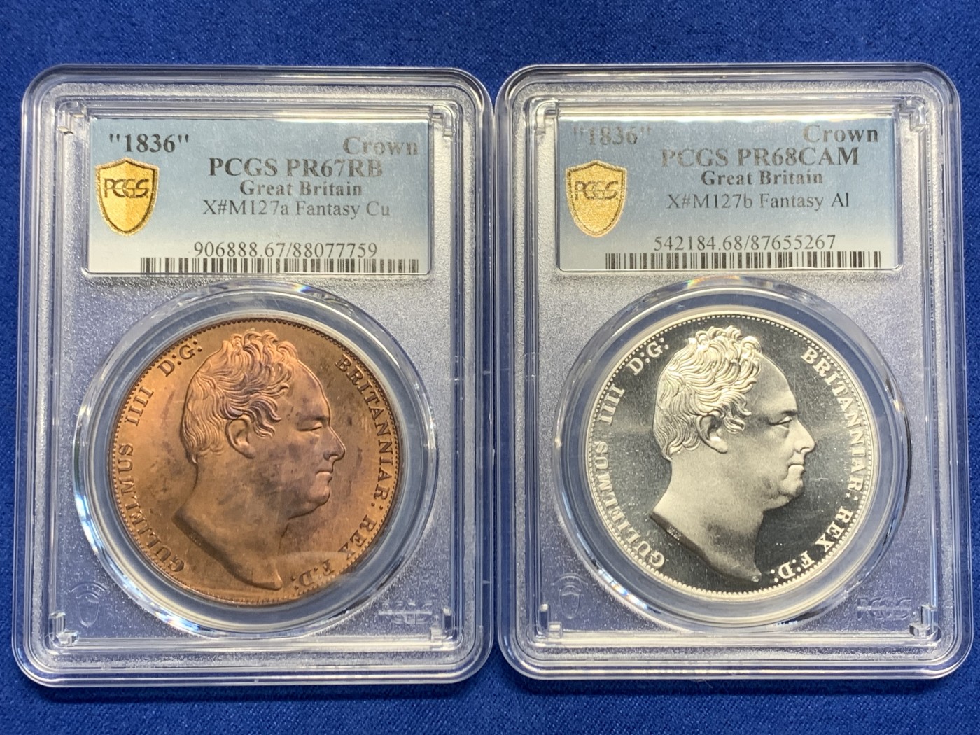 《竞宝斋》第244场-周日，周一 新年开场 (全场包邮) 两枚一组 PCGS PR68CAM-PR67RB 双双冠军分“1836” 威廉四世臆造币 经典大窗帘图案 潜力品种 精品不贵。经典大窗帘集合了英格兰、苏格兰、爱尔兰盾徽