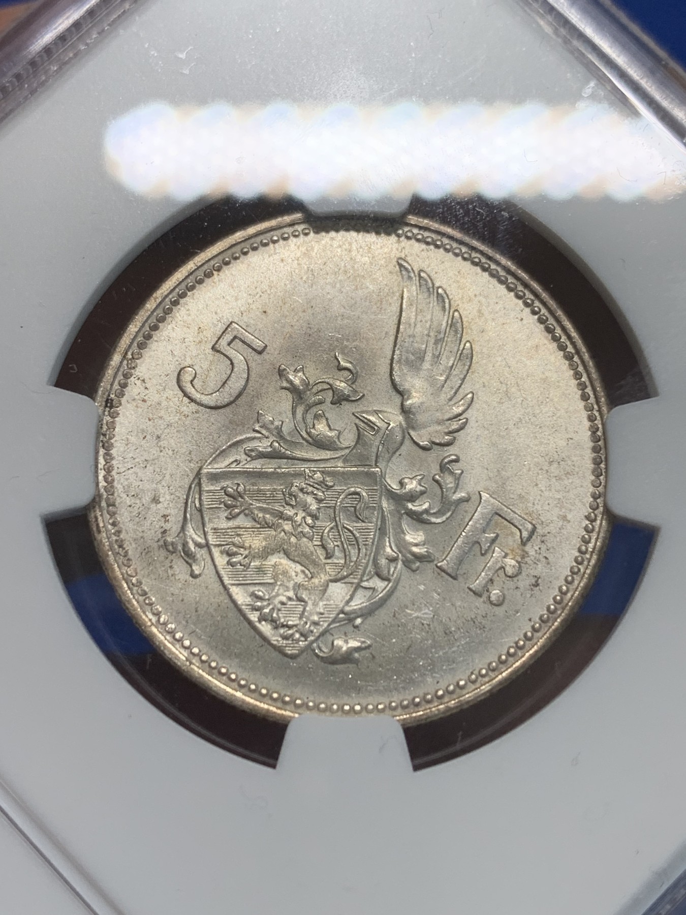 《竞宝斋》第244场-周日，周一 新年开场 (全场包邮) NGC-MS63 卢森堡 1929年 夏洛特 5法郎 女大公 银币