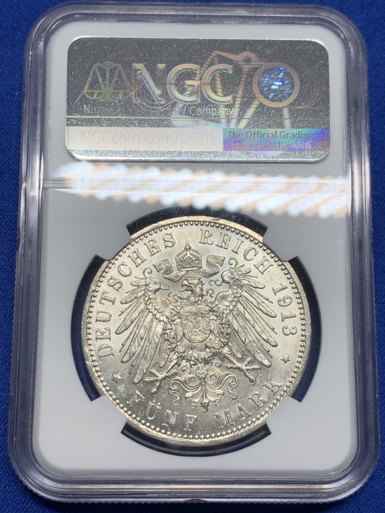 《竞宝斋》第244场-周日，周一 新年开场 (全场包邮) NGC MS63 德国普鲁士 1913年 威廉二世戎装A版 5马克 银币 （原光熠熠，德系收藏入门品种）