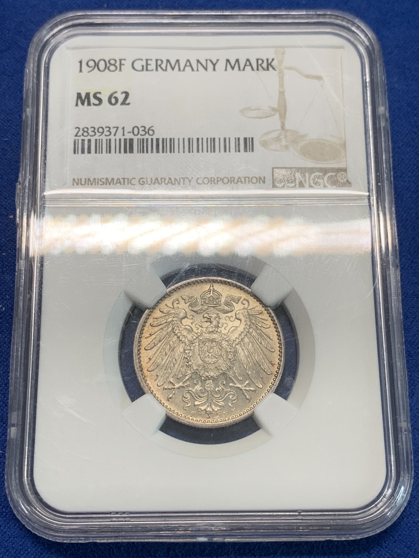 《竞宝斋》第244场-周日，周一 新年开场 (全场包邮) NGC MS62 德国1908年F版稀少厂别1马克银币，1910年前的好品稀少，克书价格高