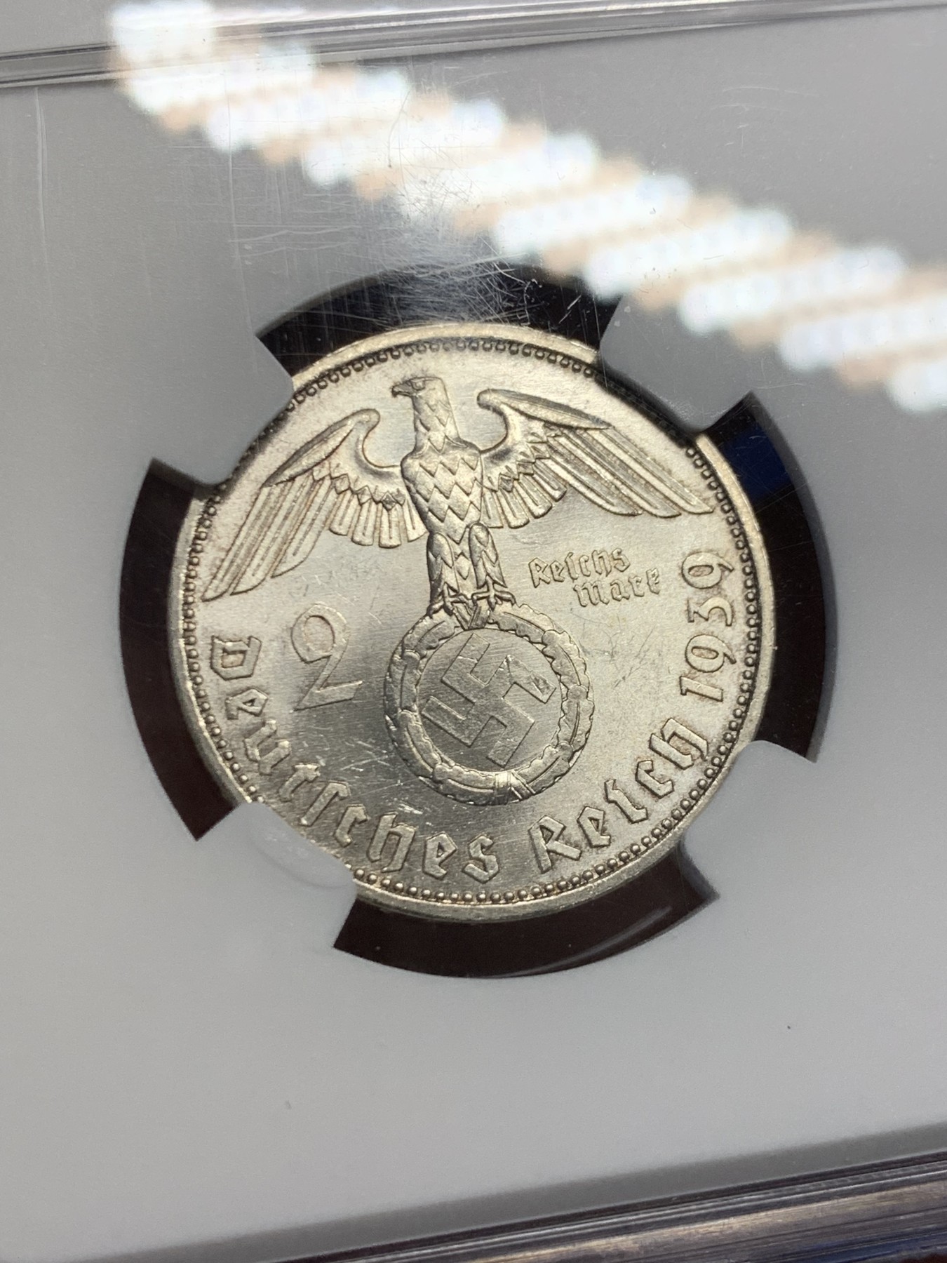 《竞宝斋》第244场-周日，周一 新年开场 (全场包邮) NGC MS63 德国1939年A版兴登堡2马克银币，相对较少的年份