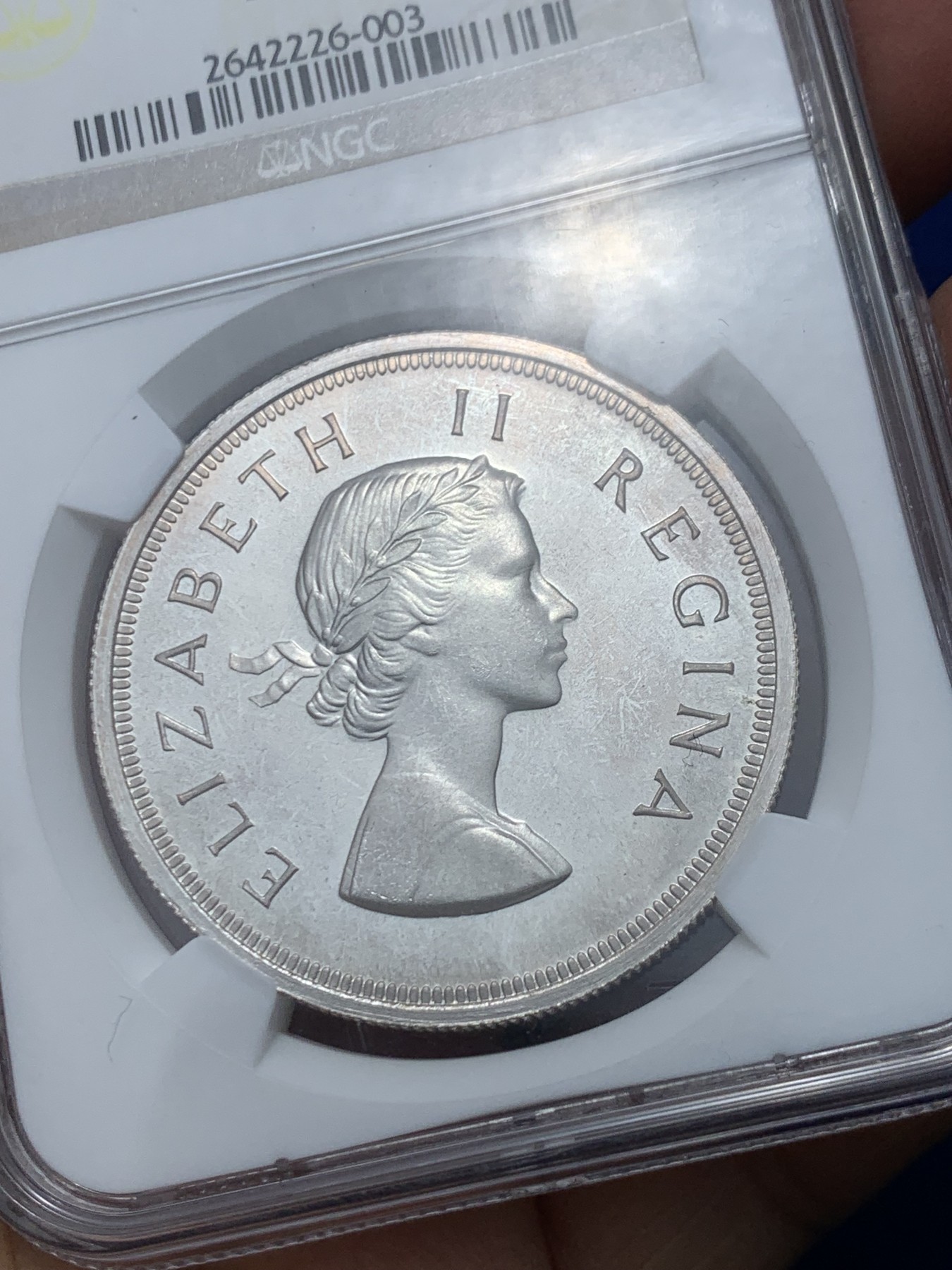 《竞宝斋》第244场-周日，周一 新年开场 (全场包邮) NGC PF66 南非1956年伊丽莎白二世跳羚5先令大银币 少见PF精制币 顶级品相