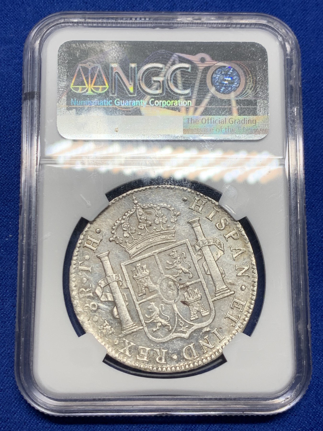 《竞宝斋》第244场-周日，周一 新年开场 (全场包邮) NGC AU55 西属墨西哥1808年卡四双柱银币 全深打原光 镜面底板 低评状态