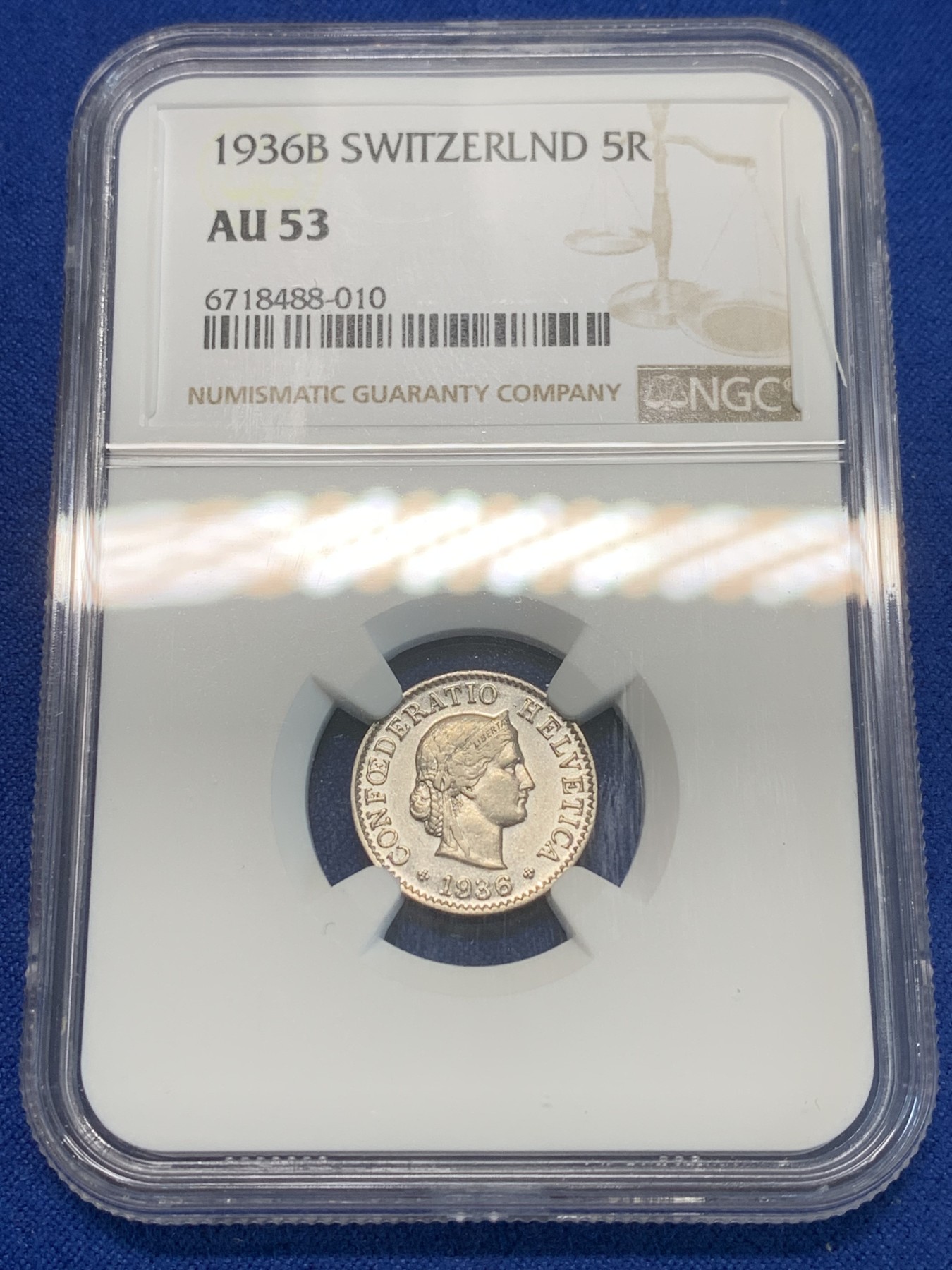 《竞宝斋》第244场-周日，周一 新年开场 (全场包邮) NGC AU53 瑞士1936年5R纯镍币稀少版本，辅币充分流通好品不多