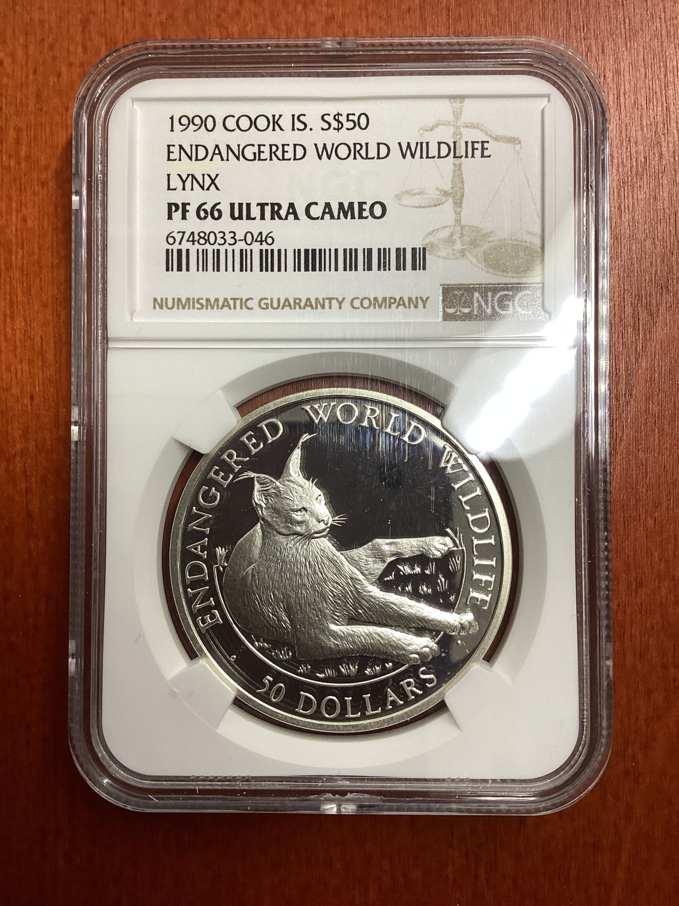 长老汇龙年精选第二场 1990 库克濒危动物猞猁50元精制银币，NGC PF66UC，更高分仅有4枚