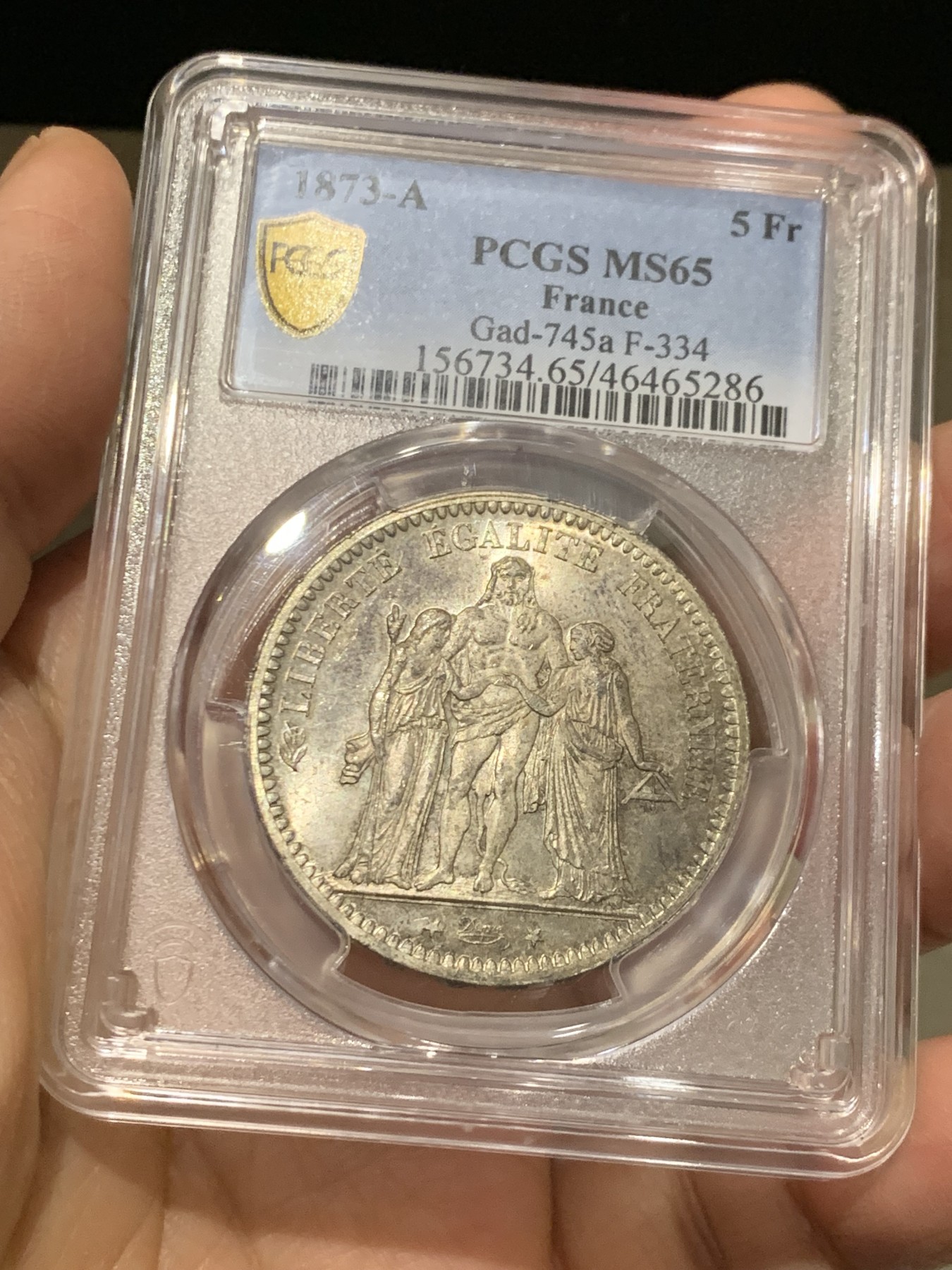 《竞宝斋》第244场-周日，周一 新年开场 (全场包邮) PCGS MS65 法国大力神与女神5法郎银币1873年A厂欧陆灰包浆 65高分状态