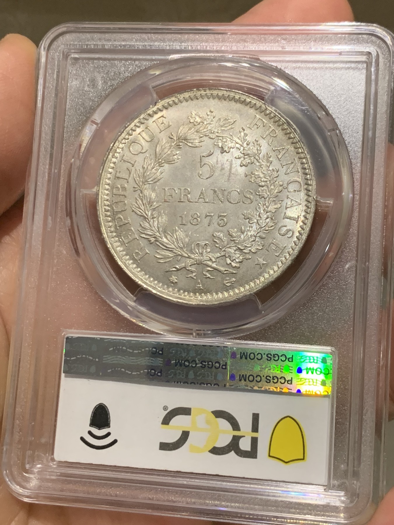 《竞宝斋》第244场-周日，周一 新年开场 (全场包邮) PCGS MS65 法国大力神与女神5法郎银币1873年A厂欧陆灰包浆 65高分状态