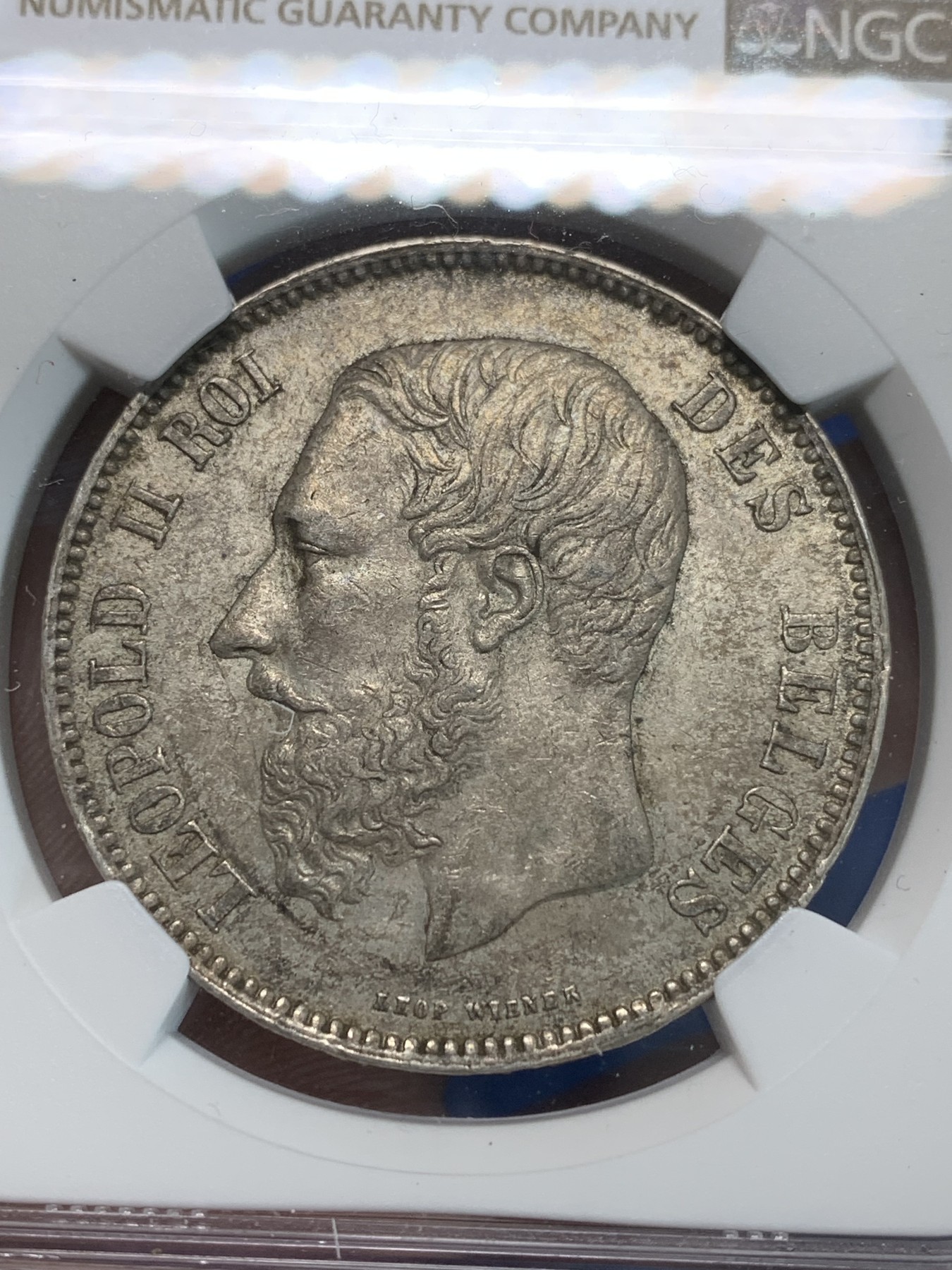 《竞宝斋》第244场-周日，周一 新年开场 (全场包邮) NGC AU58 比利时 1868年 利奥波德二世 （小头版）5法郎大银币 该品类价格洼地 好品并不多