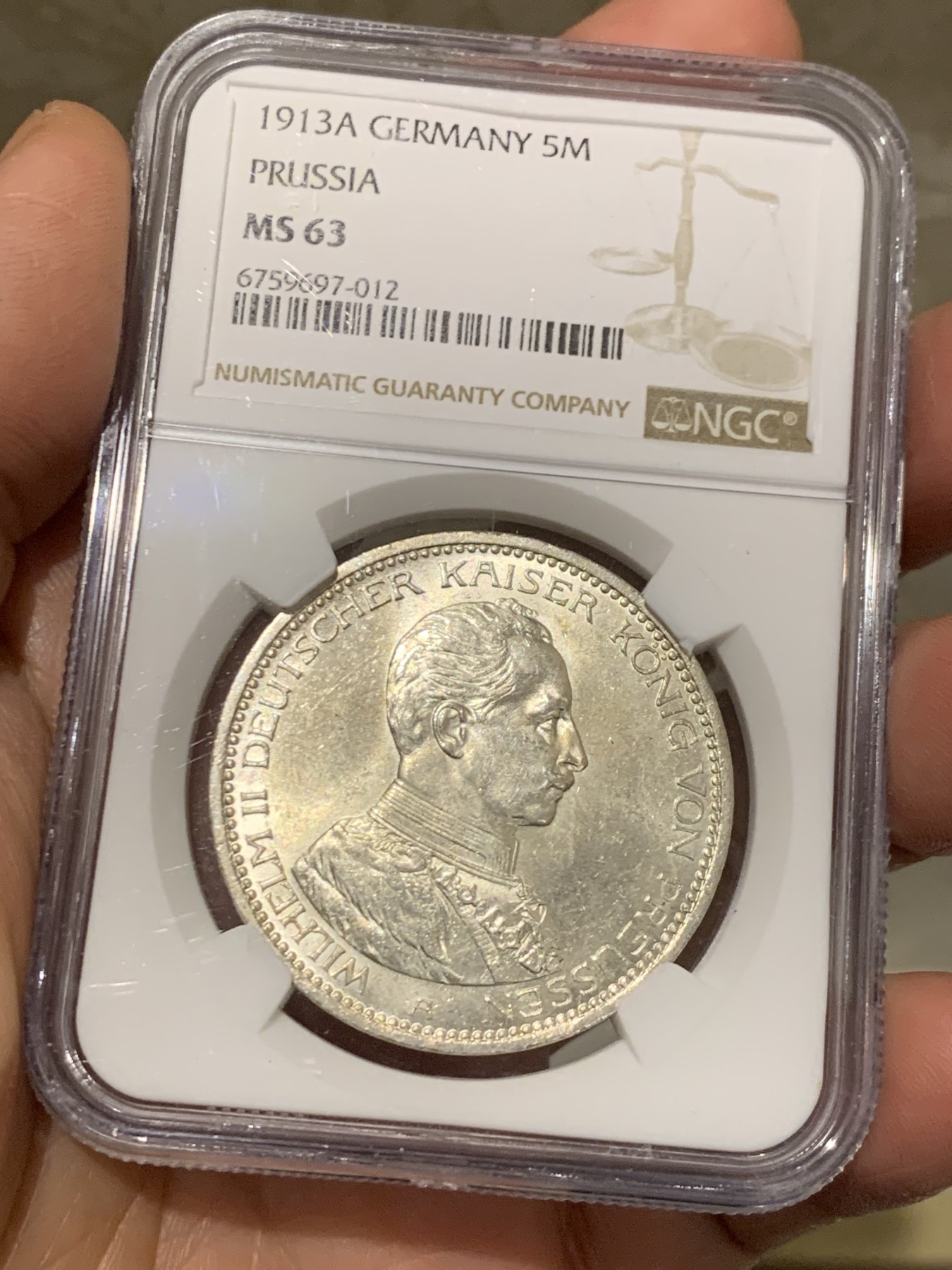 《竞宝斋》第244场-周日，周一 新年开场 (全场包邮) NGC MS63 德国普鲁士 1913年 威廉二世戎装A版 5马克 银币 （原光熠熠，德系收藏入门品种）