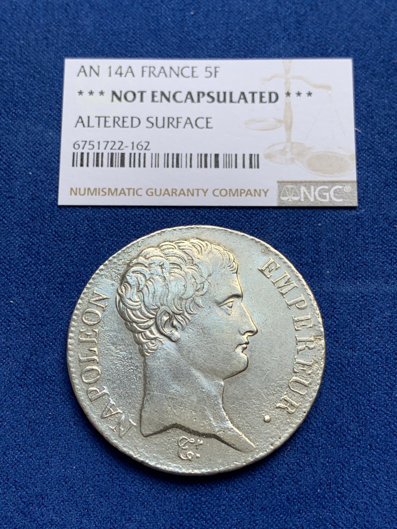 《竞宝斋》第244场-周日，周一 新年开场 (全场包邮) 法国拿破仑共和十四年（AN 14）5法郎银币 N未入盒 底板有轻微腐蚀