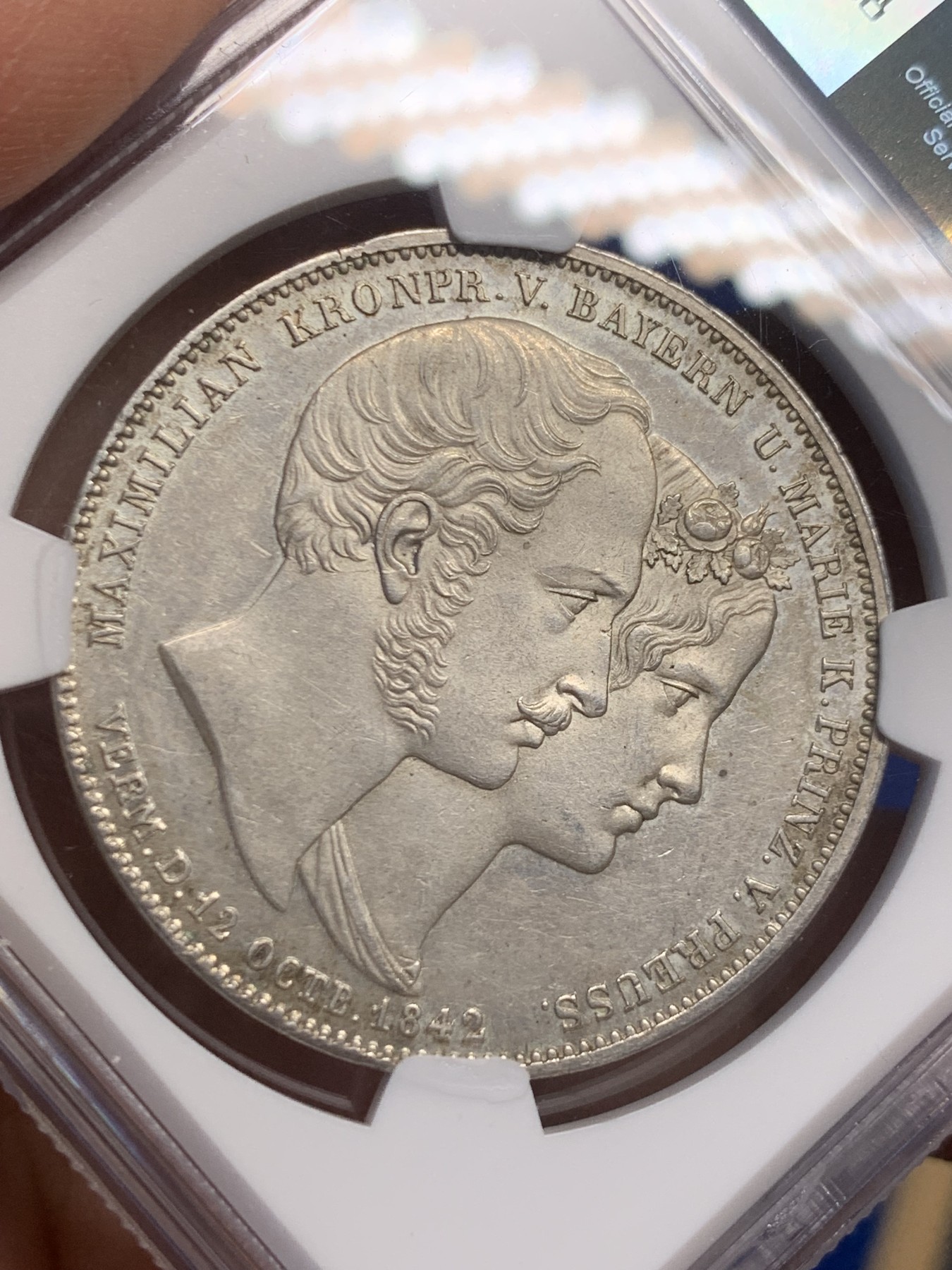 《竞宝斋》第244场-周日，周一 新年开场 (全场包邮) NGC MS62 德国 1842 巴伐利亚皇家婚礼纪念 2泰勒大银币 少见MS 品相 可藏