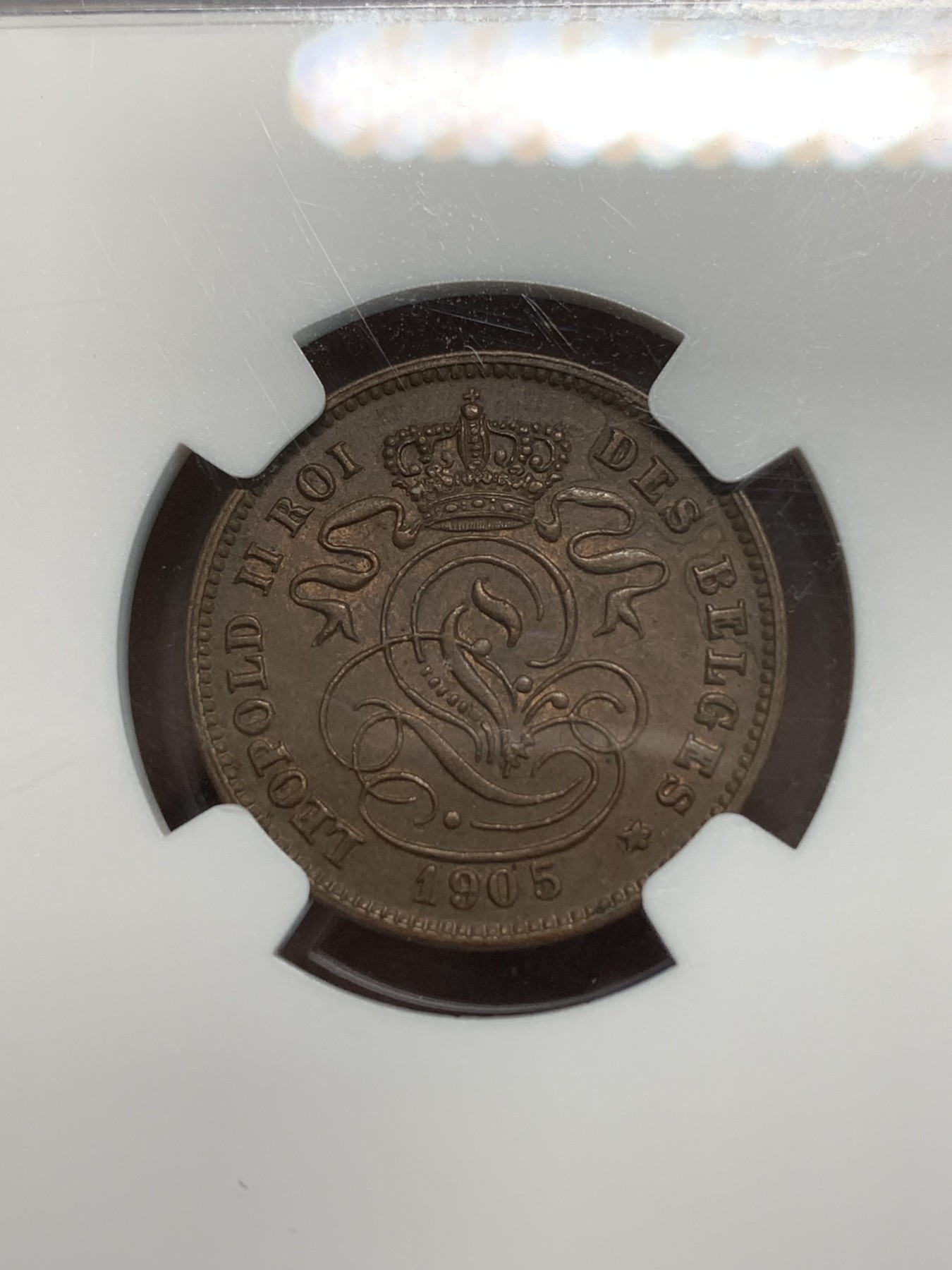 《竞宝斋》第244场-周日，周一 新年开场 (全场包邮) NGC MS62BN 1905年比利时2分铜币 少见法语版更高分只有3个 狮子细节完好