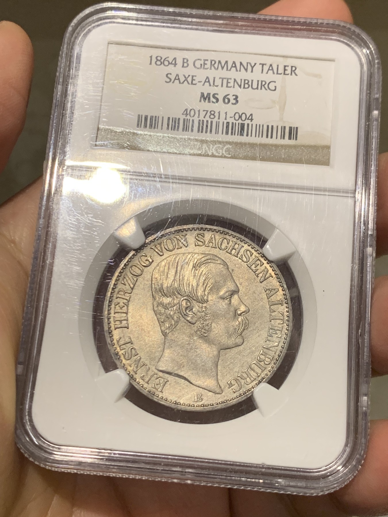《竞宝斋》第244场-周日，周一 新年开场 (全场包邮) 唯一亚军分 NGC MS63 德国1864萨克森-阿尔滕堡公国恩斯特一世1泰勒银币 发行量仅22200枚 对于流通币来说保存难得