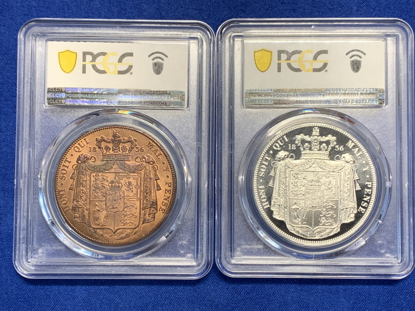 《竞宝斋》第244场-周日，周一 新年开场 (全场包邮) 两枚一组 PCGS PR68CAM-PR67RB 双双冠军分“1836” 威廉四世臆造币 经典大窗帘图案 潜力品种 精品不贵。经典大窗帘集合了英格兰、苏格兰、爱尔兰盾徽