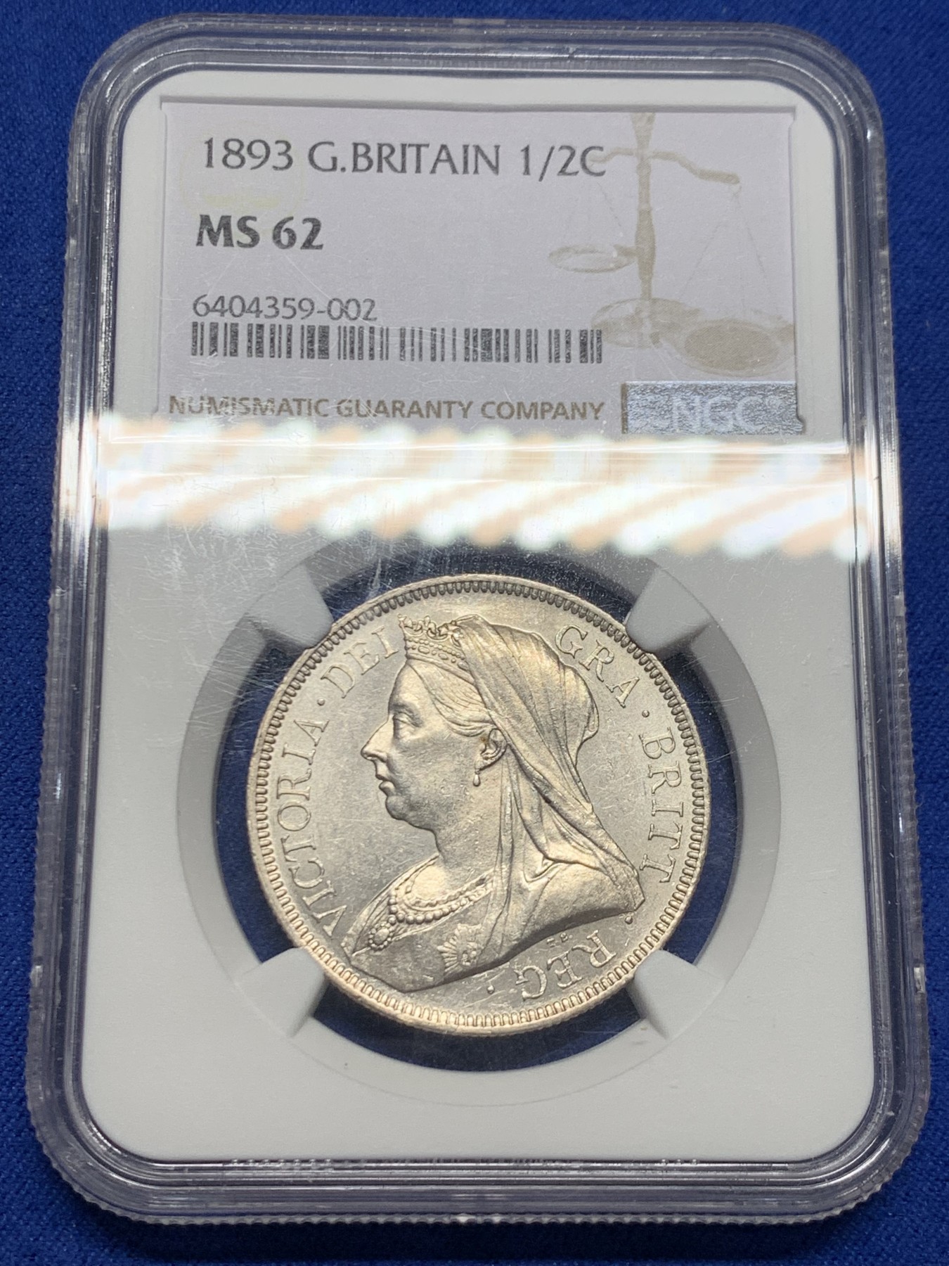 《竞宝斋》第244场-周日，周一 新年开场 (全场包邮) NGC MS62 英国1893年维多利亚披纱半克朗银币 转光好品 淡淡的黄油包浆 状态难得 低评