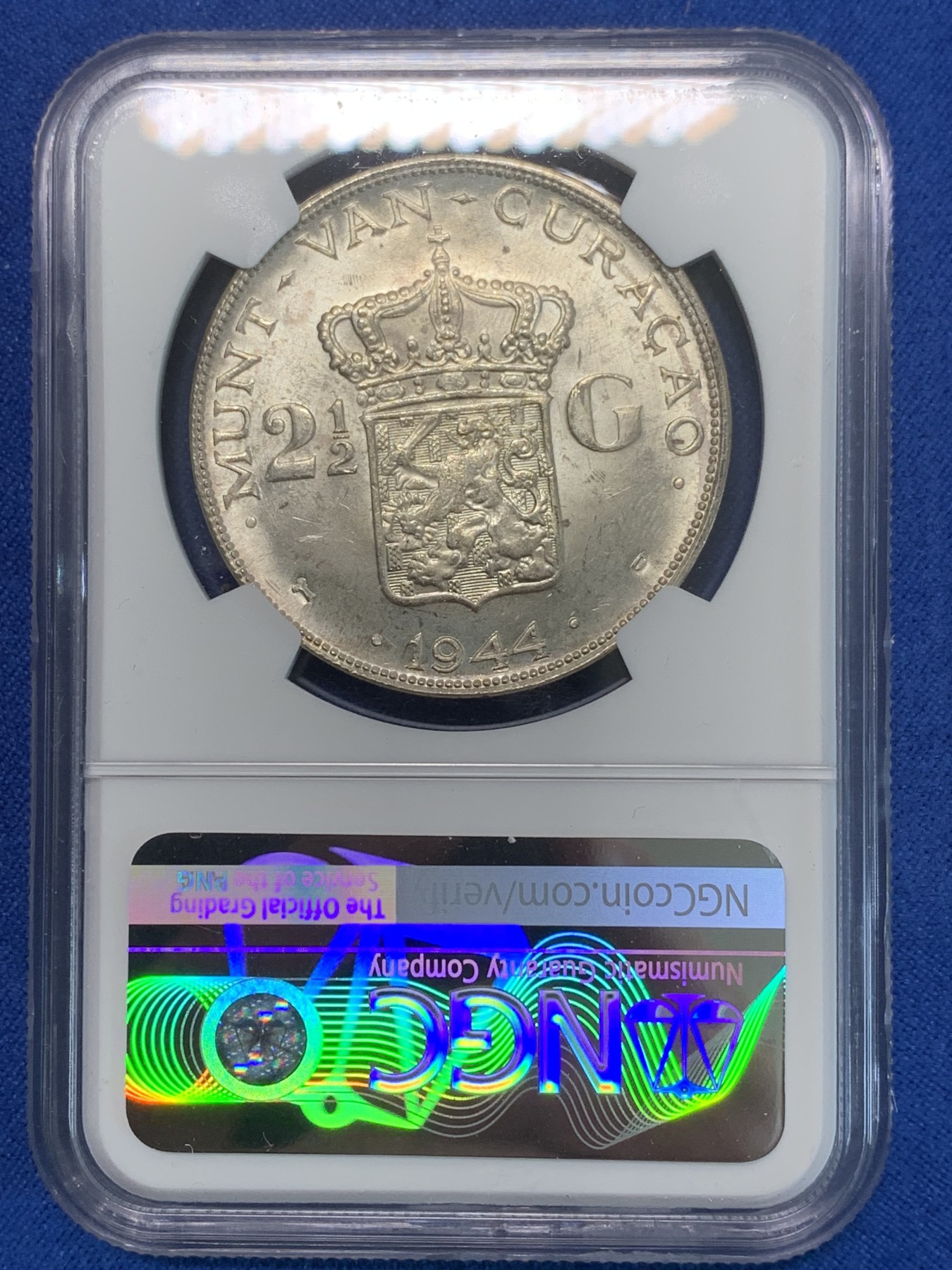 《竞宝斋》第244场-周日，周一 新年开场 (全场包邮) NGC MS62 荷属库拉索1944D威廉明娜2.5盾大银币