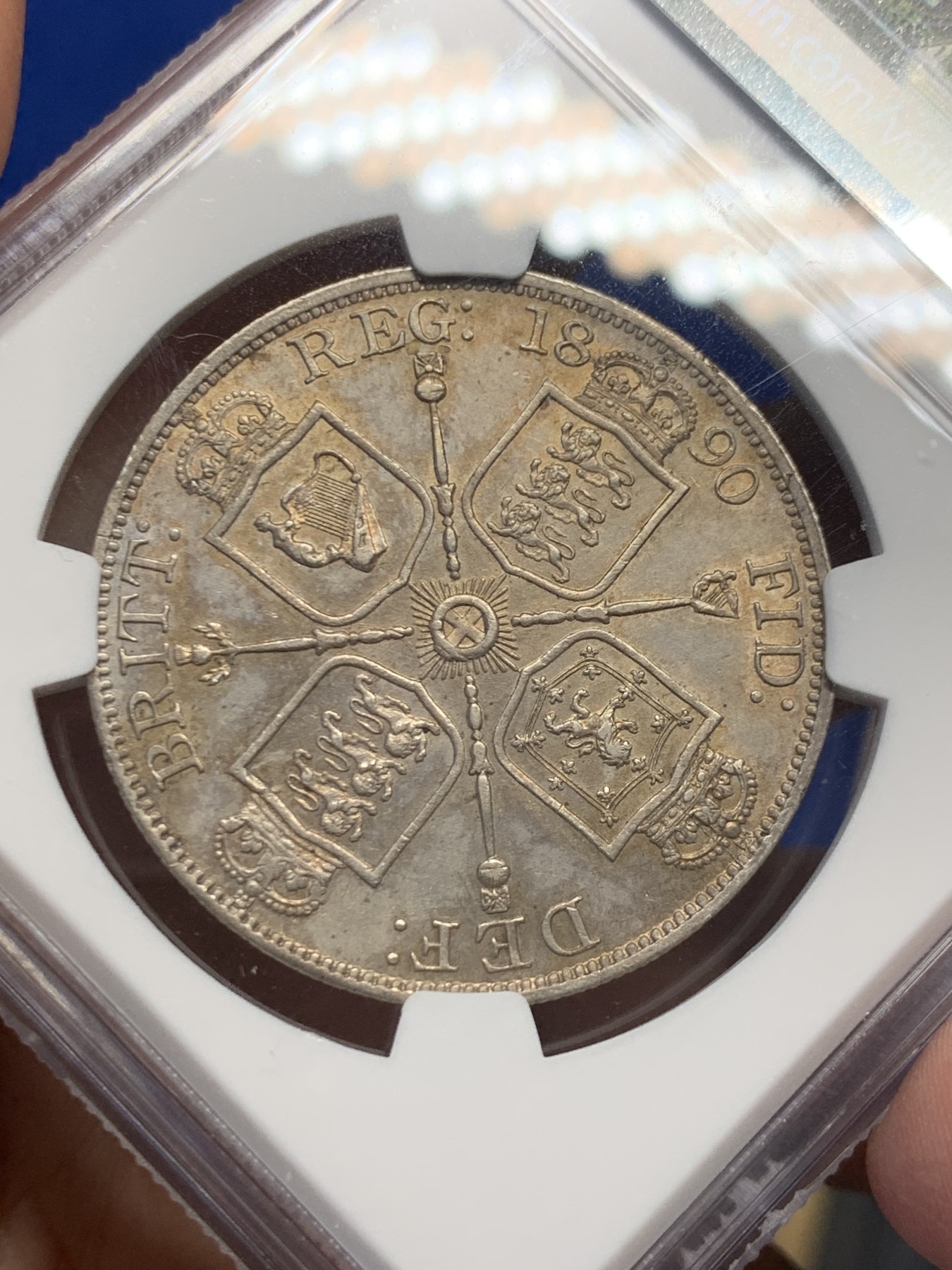 《竞宝斋》第244场-周日，周一 新年开场 (全场包邮) NGC UNC 英国 1887年 维多利亚高冠双弗洛林 4先令 银币（NGC错标版，实际为1890年，增加稀有性）
