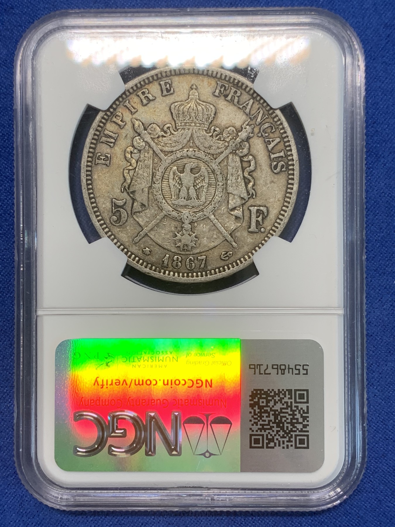 《竞宝斋》第244场-周日，周一 新年开场 (全场包邮) NGC XF40 法国1867年拿破仑三世5法郎银币