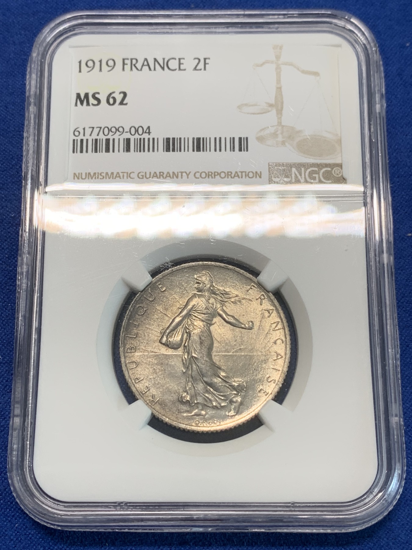 《竞宝斋》第244场-周日，周一 新年开场 (全场包邮) NGC MS62 法国1919年播种女神2法郎银币