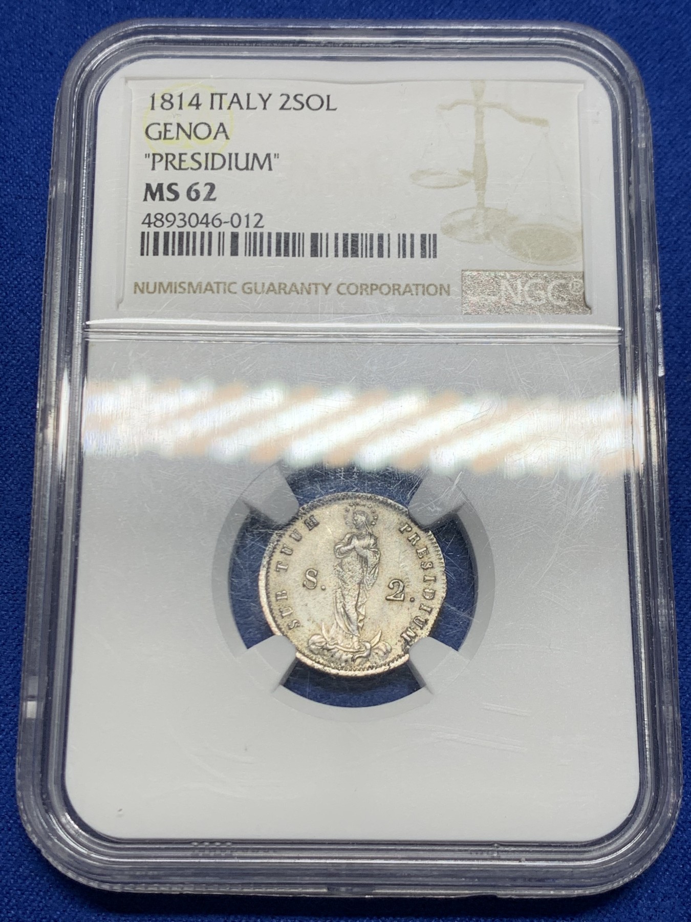 《竞宝斋》第244场-周日，周一 新年开场 (全场包邮) NGC MS62 意大利1814热那亚2索尔迪银币，正面圣母形象设计感极强，极具古典主义美感