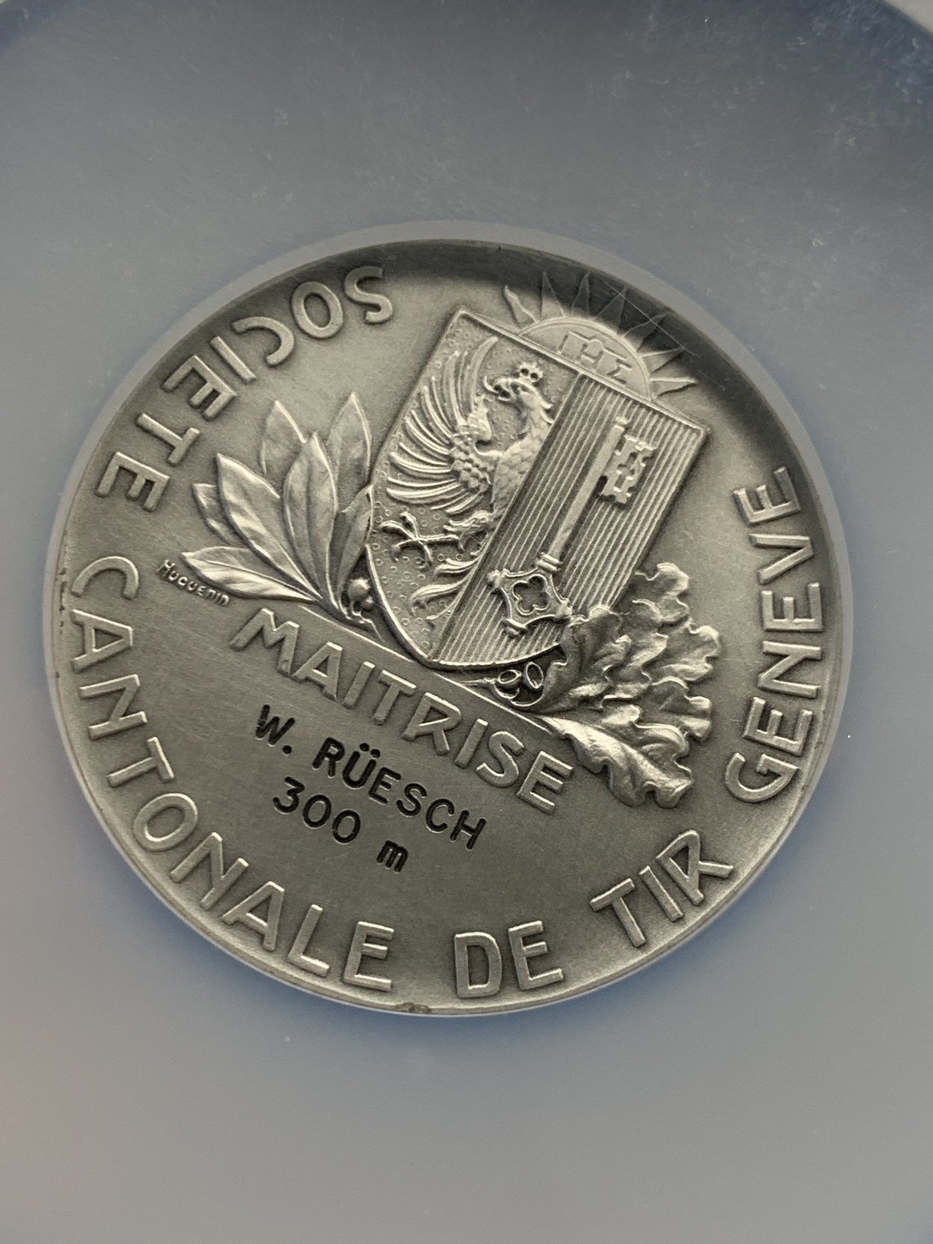 《竞宝斋》第244场-周日，周一 新年开场 (全场包邮) NGC MS63 1926年 瑞士射击节 镀银纪念章 雄鹰橄榄枝 不多见 50mm大直径 加厚盒装