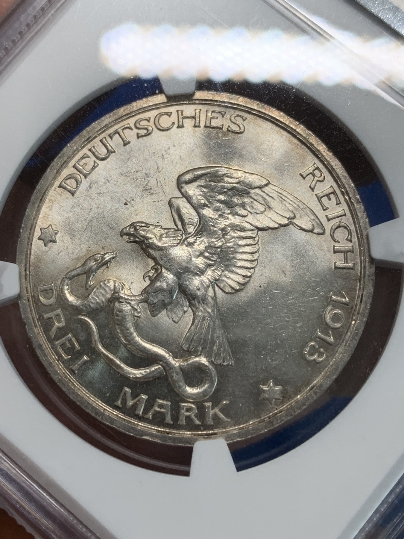 《竞宝斋》第244场-周日，周一 新年开场 (全场包邮) NGC MS62 德国普鲁士1913年战胜拿破仑纪念3马克银币 黄油包浆 值得入手