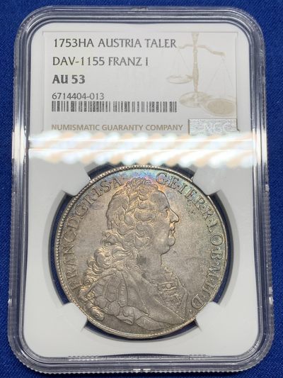 《竞宝斋》第244场-周日，周一 新年开场 (全场包邮) - NGC AU53 神圣罗马帝国  1753 弗朗茨一世 泰勒大银币 环彩包浆 底板很不错