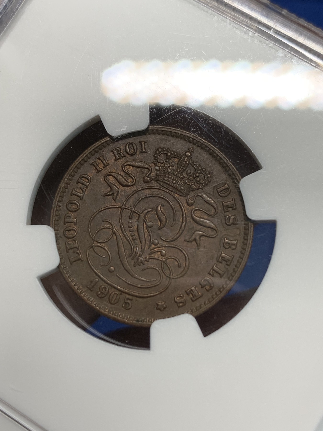 《竞宝斋》第244场-周日，周一 新年开场 (全场包邮) NGC MS62BN 1905年比利时2分铜币 少见法语版更高分只有3个 狮子细节完好