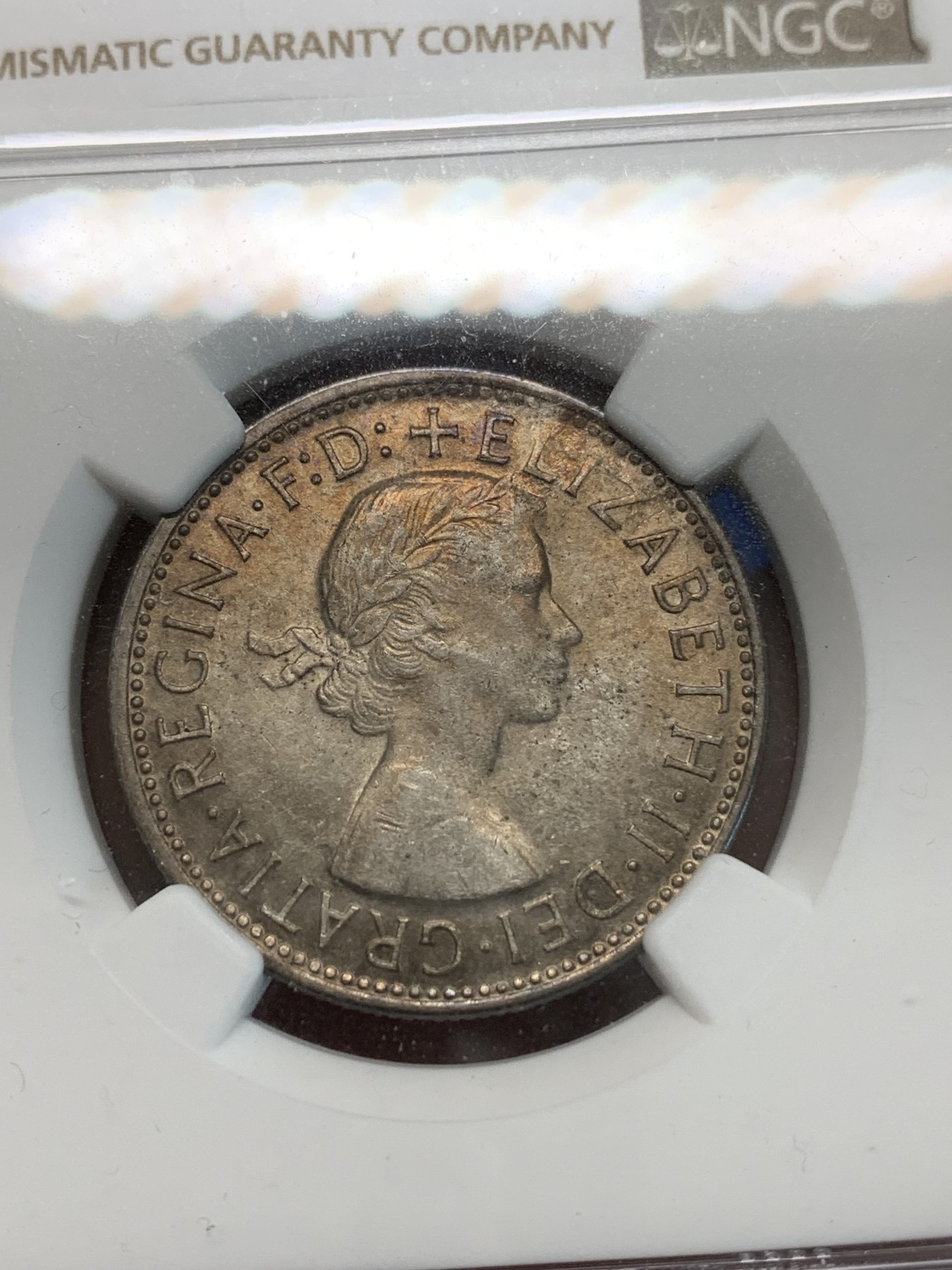 《竞宝斋》第244场-周日，周一 新年开场 (全场包邮) NGC MS63 澳大利亚1954年伊丽莎白女王访问1佛罗林银币 背面五彩包浆